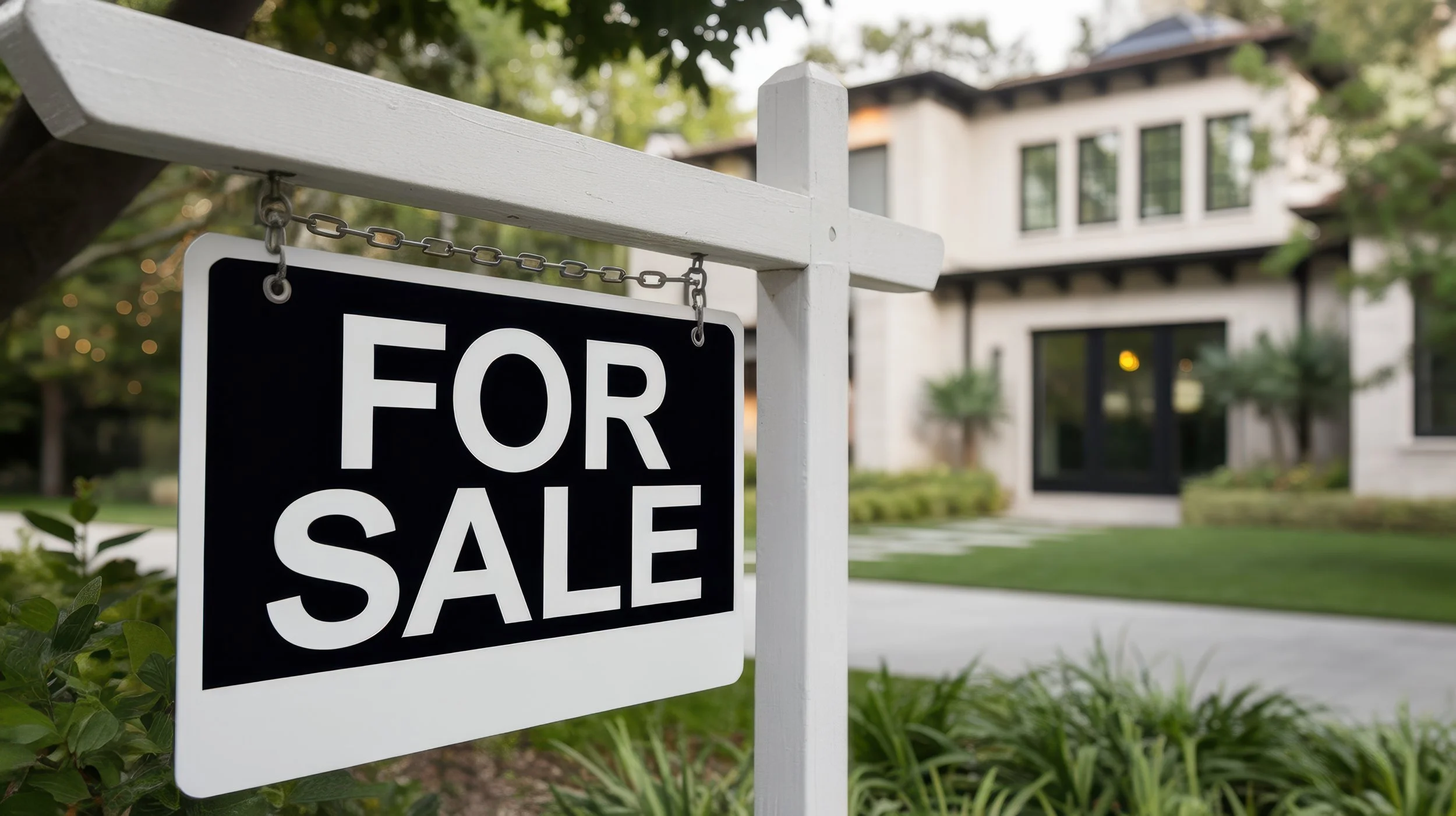 A house for sale sign hanging on a white post in front of a modern home with a lawn and trees.