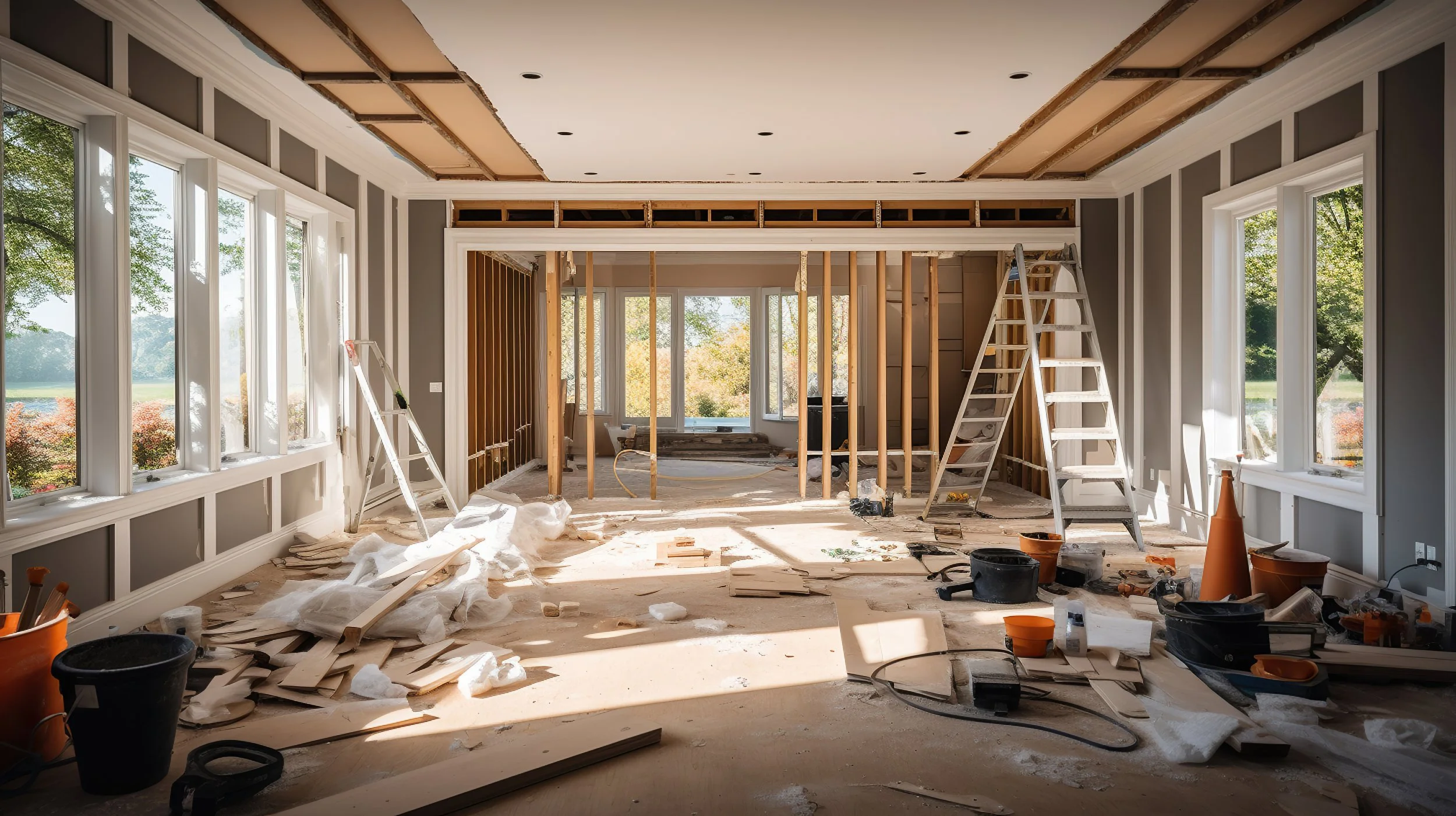 Interior of a house under renovation with construction materials, ladders, and partially installed walls and ceiling.