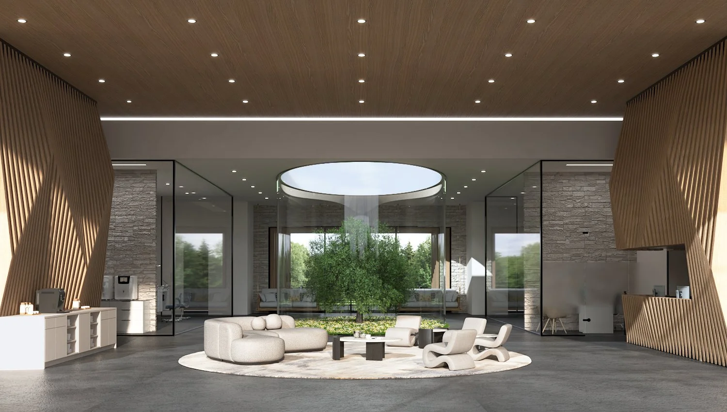 Modern hotel lobby with wood-paneled ceiling, glass walls, and a large indoor tree in the center, surrounded by stylish white seating and a circular rug.