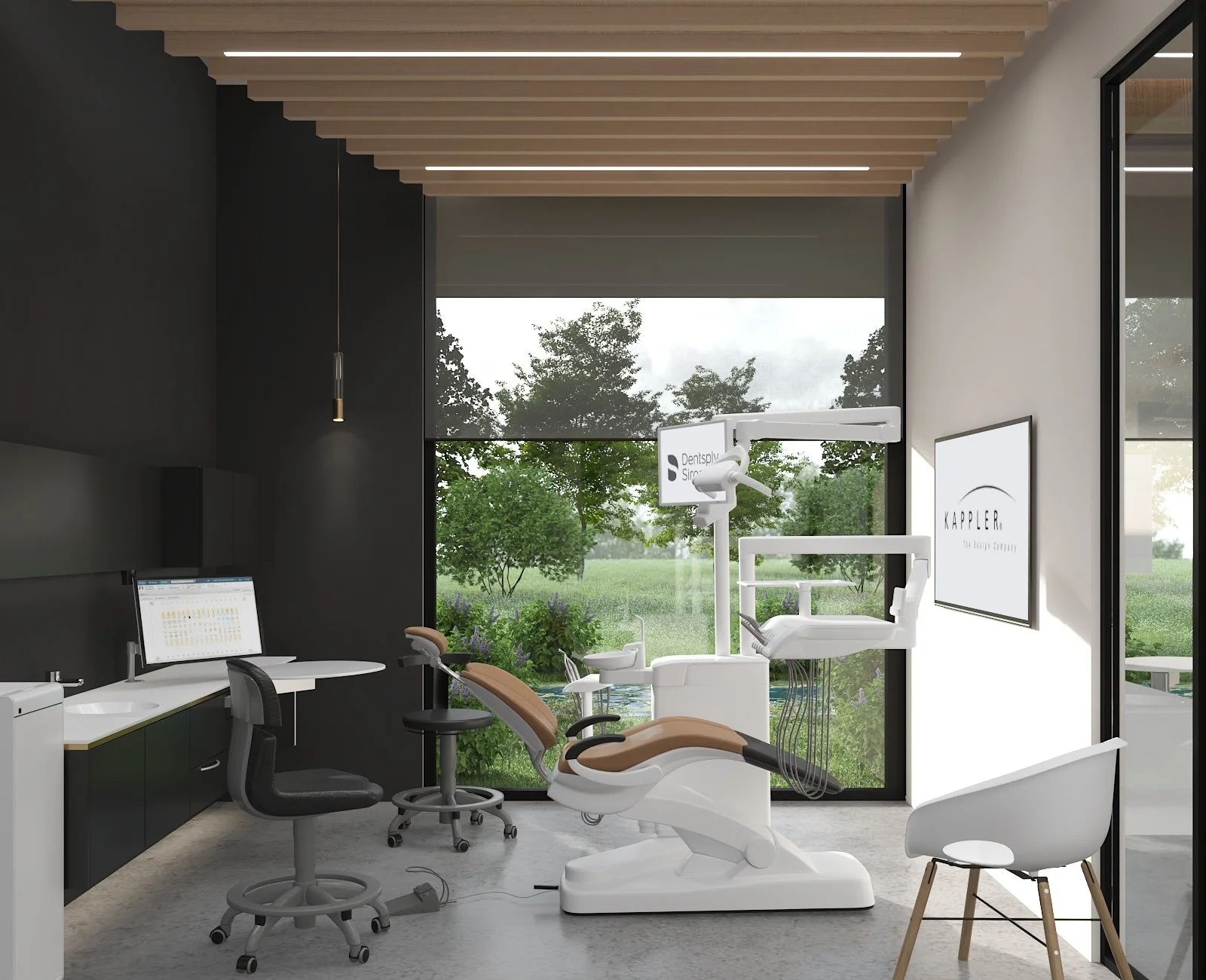 A modern dental office with a dental chair, dental equipment, a computer, and office chairs, with large windows showing trees outside.