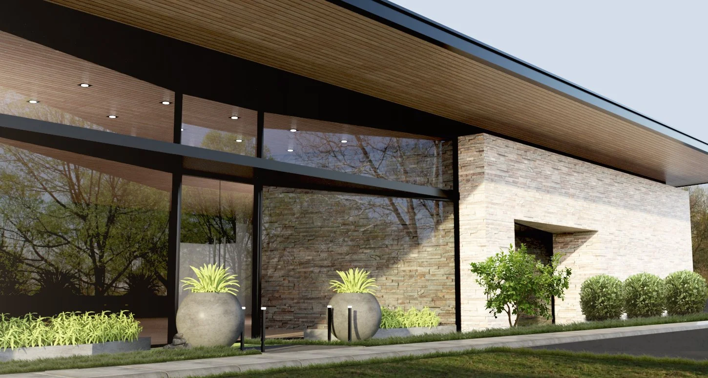 Modern building with large glass windows, stone facade, and landscaped greenery including potted plants, bushes, and trees.