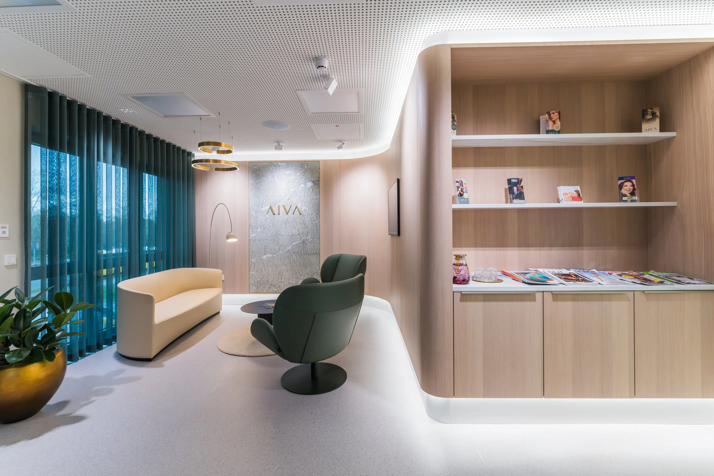 Modern office reception area with beige and green furniture, wood accents, a large potted plant, and a wall with the logo 'AIVA' in gold letters.