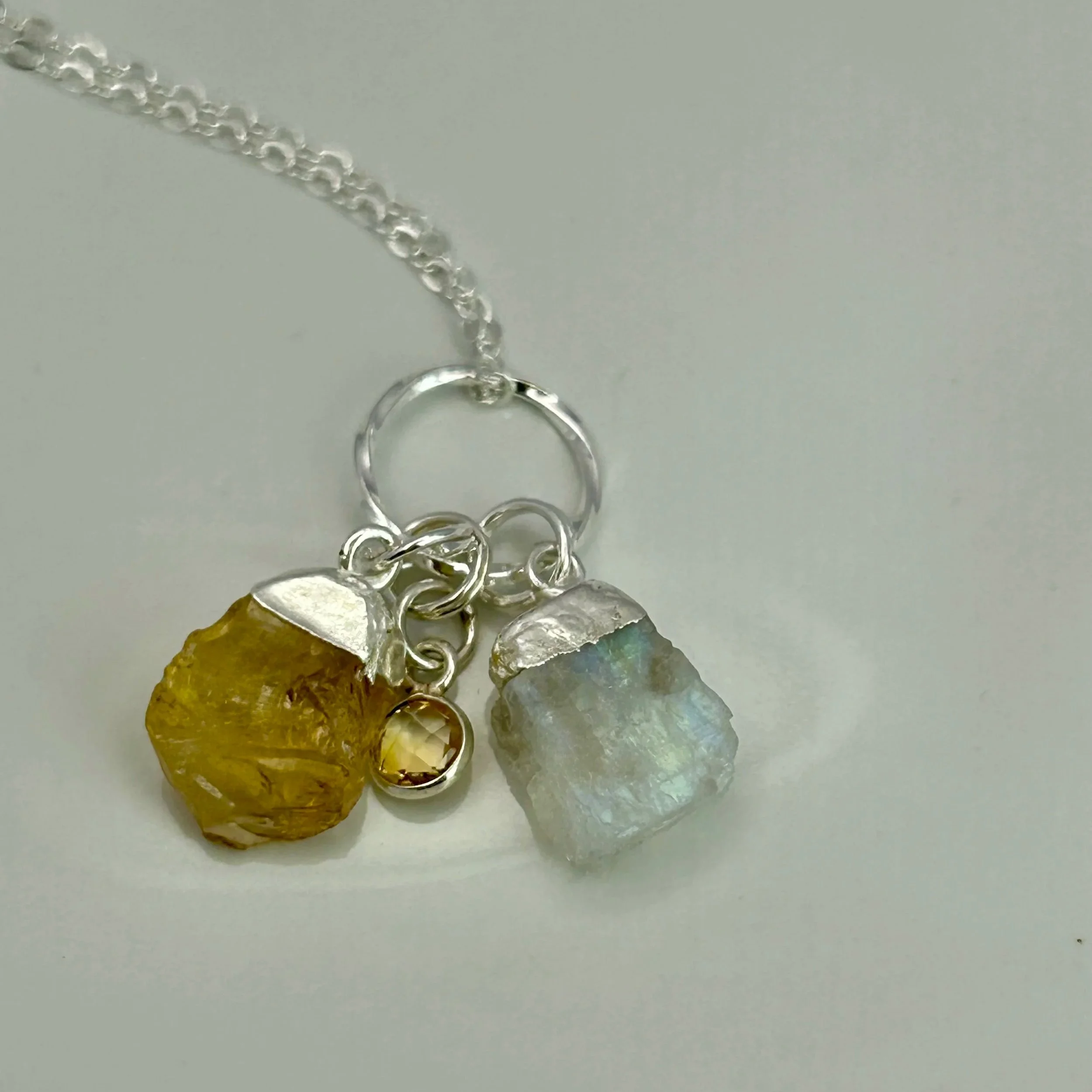 Jutta Necklace with Three Citrine/Moonstone Charms in Sterling Silver