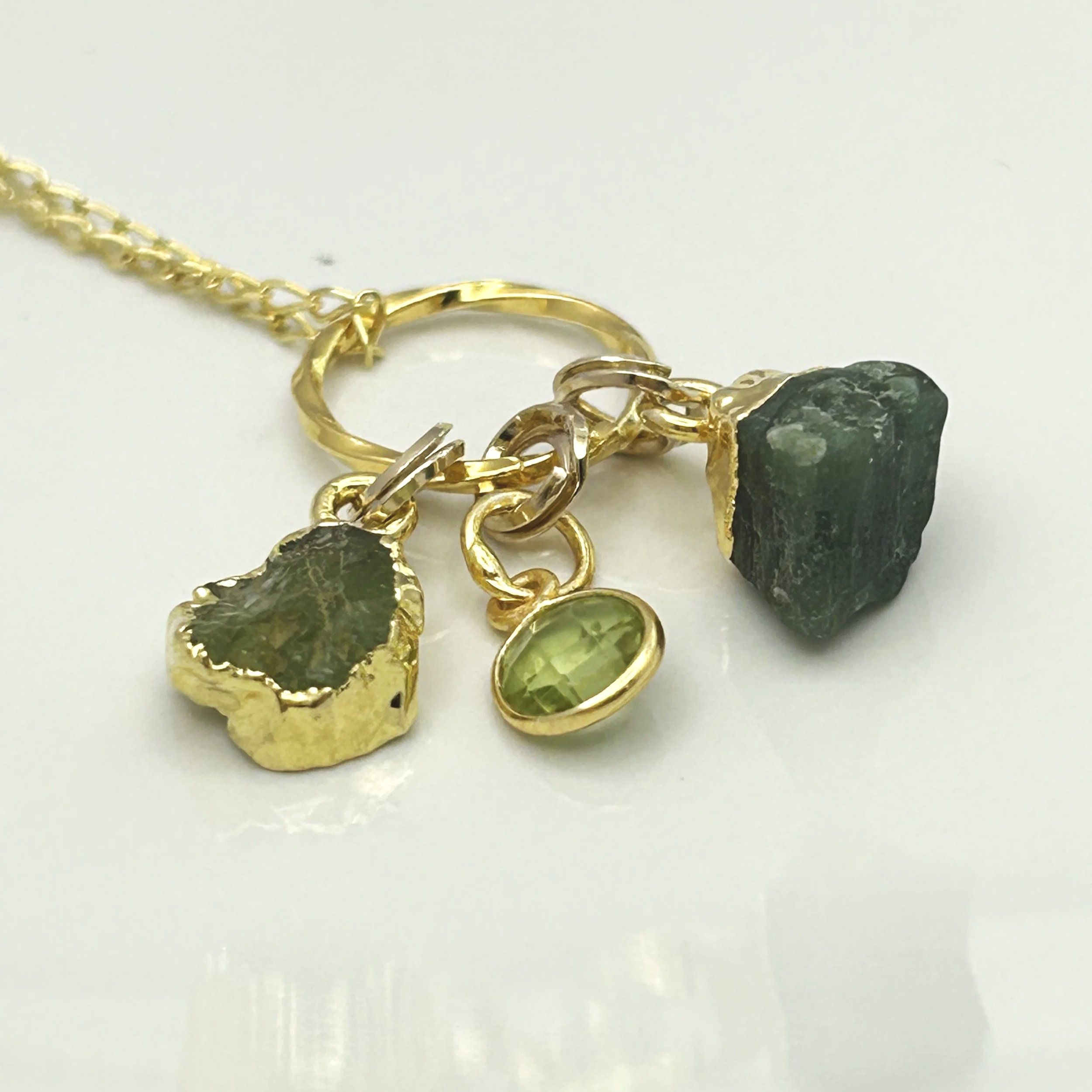 Jutta Necklace with Three Peridot/Emerald Charms in Gold Vermeil