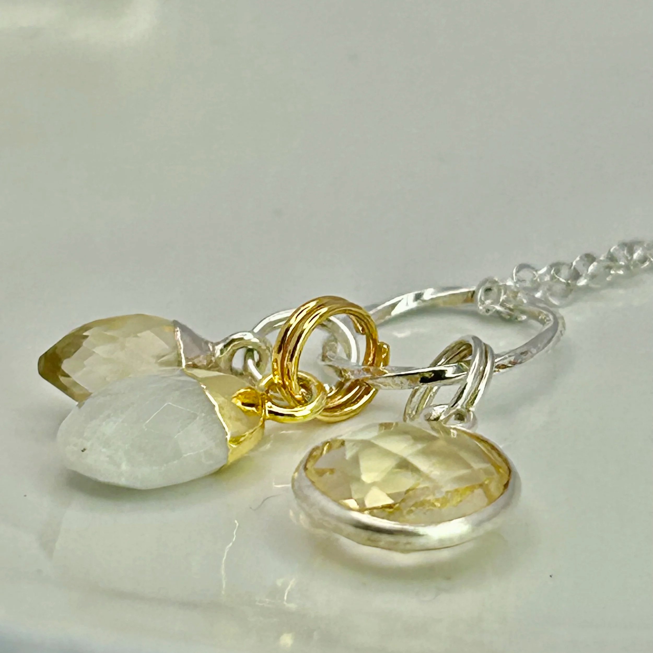 Jutta Necklace with Three Citrine/ Moonstone Charms in Gold Vermeil/Sterling Silver Combination