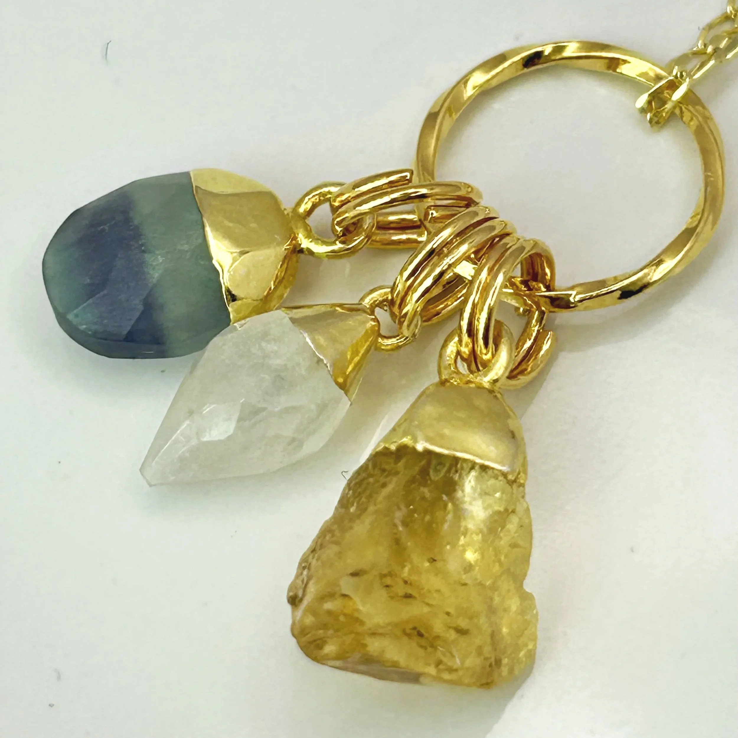 Jutta Necklace with Three Moonstone/Fluorite/Citrine Charms in Gold Vermeil
