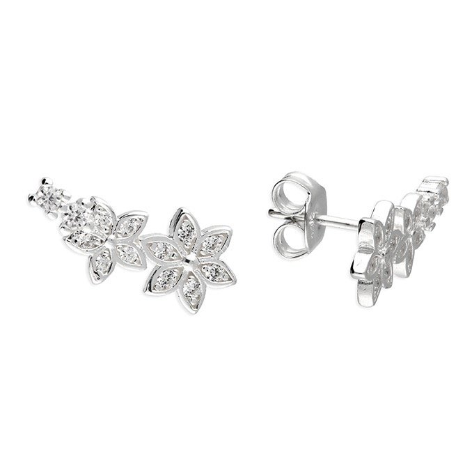 Silver Flower Climber Earrings with CZ's