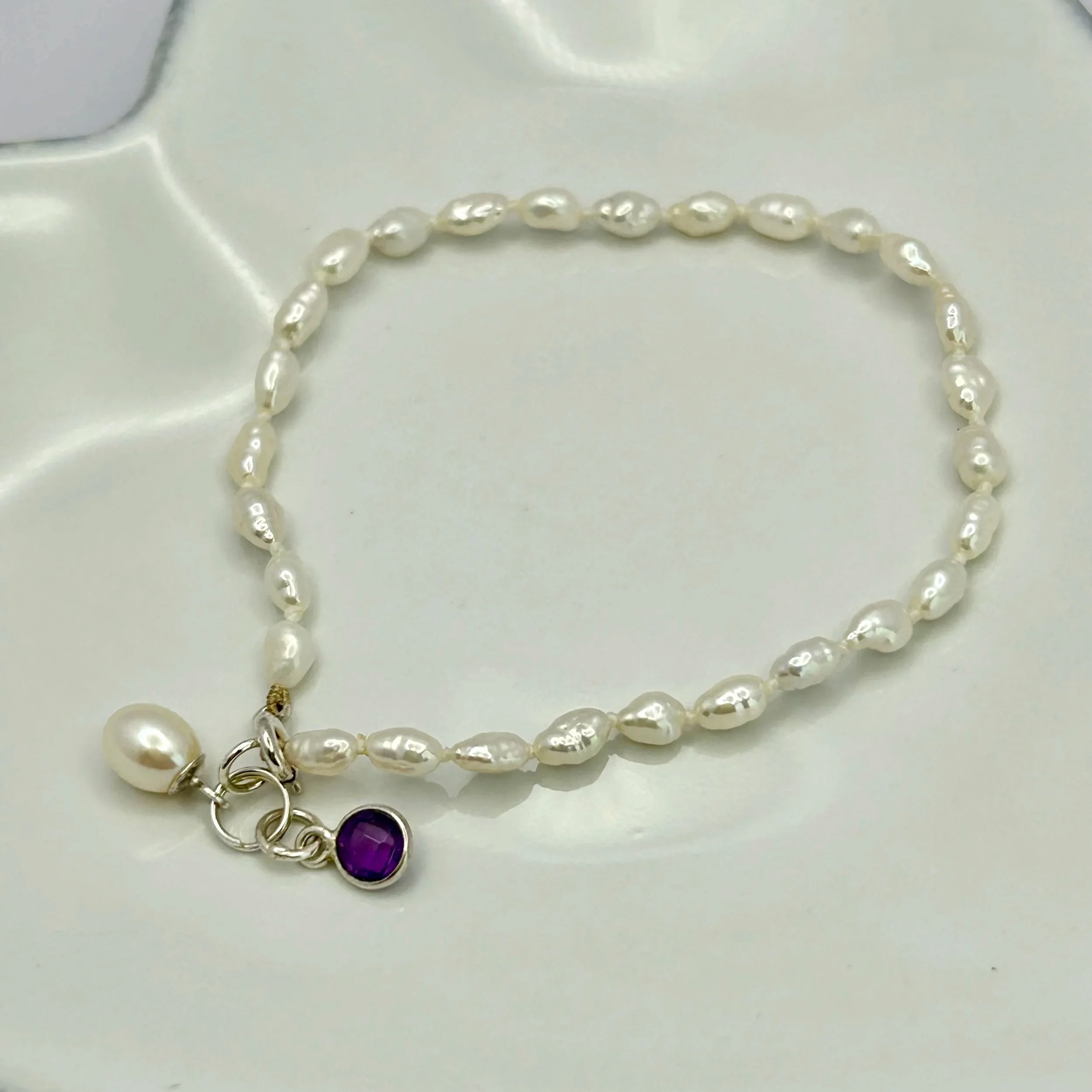Cultured Small Barrel Pearl Bracelet with Sterling Silver Fittings and Semi Precious Charm