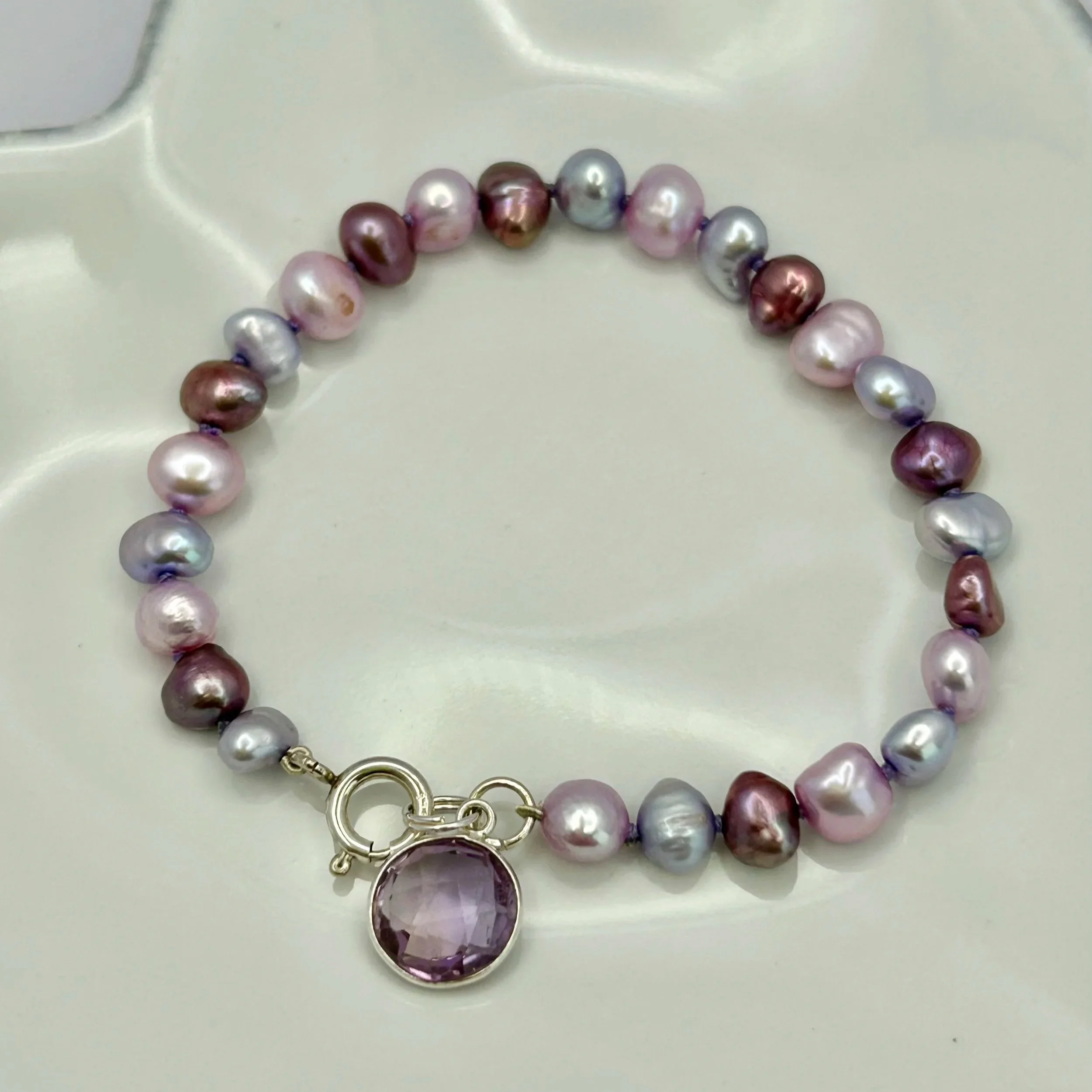 Cultured Barrel Pearl Bracelet with Sterling Silver Fittings and Semi Precious Charm