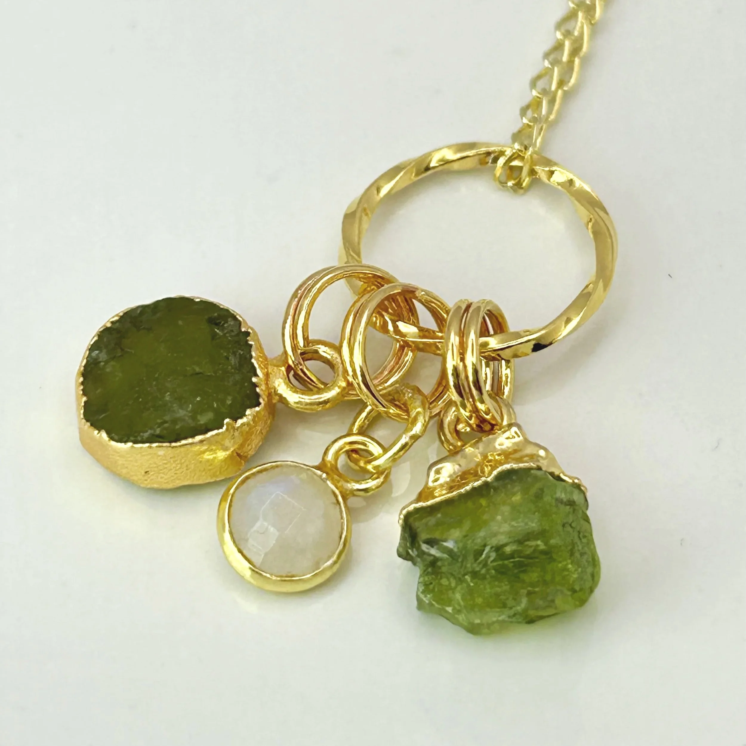 Jutta Necklace with Three Peridot /Moonstone Charms in Gold Vermeil