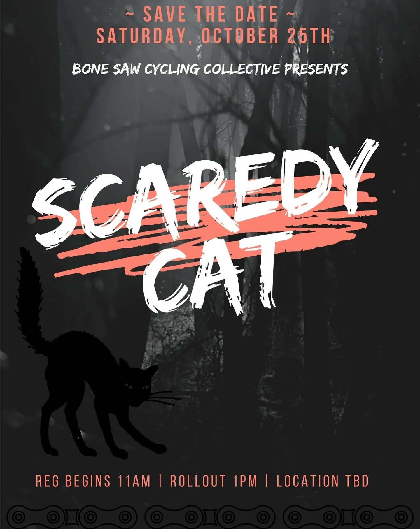 🎃 SAVE THE DATE 🎃 
Scaredy Cat is back! 
A Halloween themed alley cat- costumes, spooky stops around town, prizes, after party, and who knows what else! 👻 
This is a perfect alley cat for beginners! Race it or slow roll with friends, just come