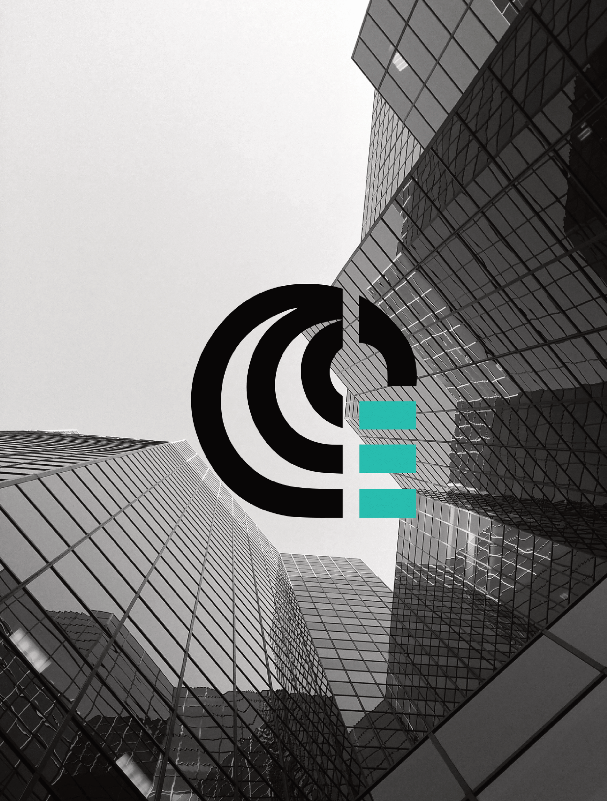 Skyscrapers with glass facades in urban city, overcast sky, graphic logo overlay in the center.