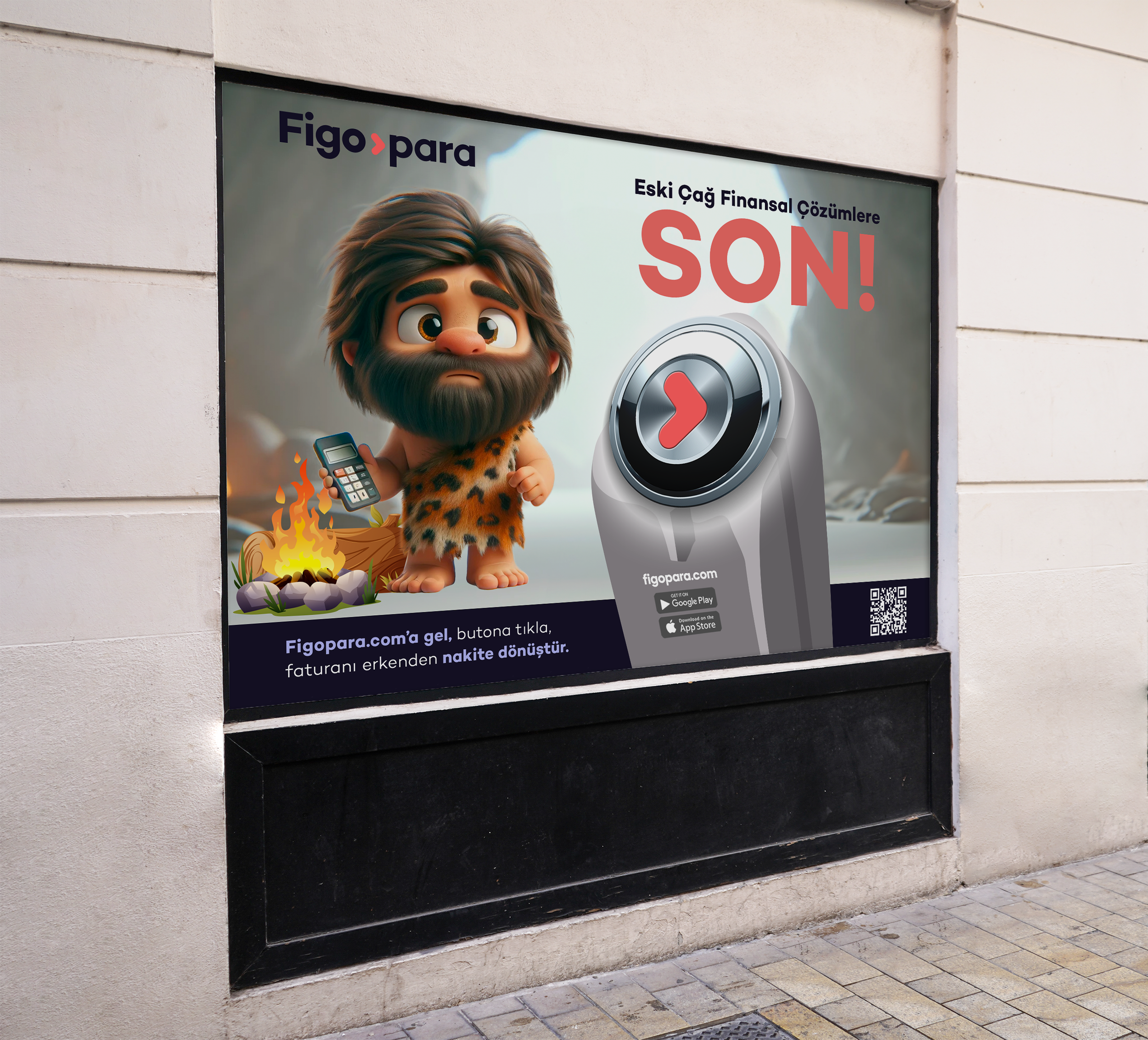A cartoon caveman holding a calculator, standing next to a large safe with a red arrow on it, advertising the figopara.com app for early bill payments, with text in Turkish.