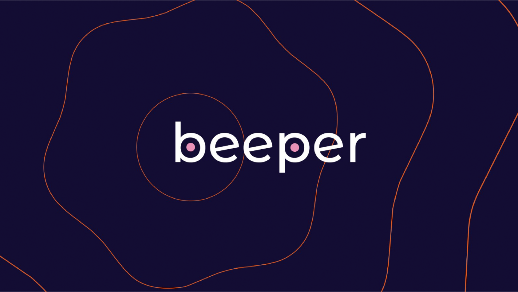 Dark background with orange contour lines and the word 'beeper' in white lowercase letters, with pink dots inside the 'b' and 'e'.