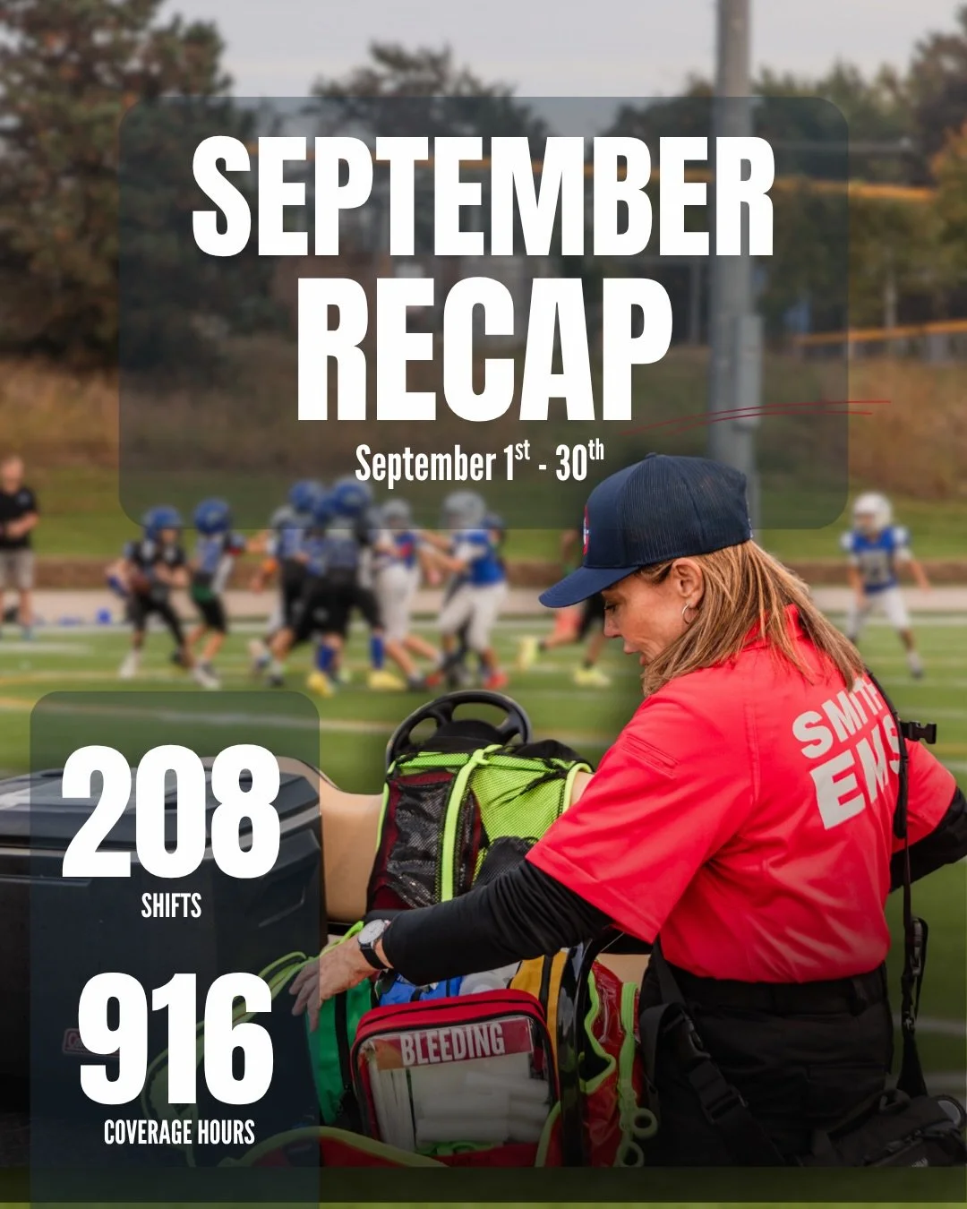 ⏱️ 916 Hours of Coverage
📋 208 Shifts
🚑 22 Medics

With school back in session, September brought an increase in sporting events and medical coverage across Minnesota. Our medics were out supporting athletes at various practices, games, and tournam