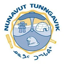 Logo of Nununavut Tuningvik, featuring a circular design with a mountain, boat, and seal, with inscriptions in both English and another language.