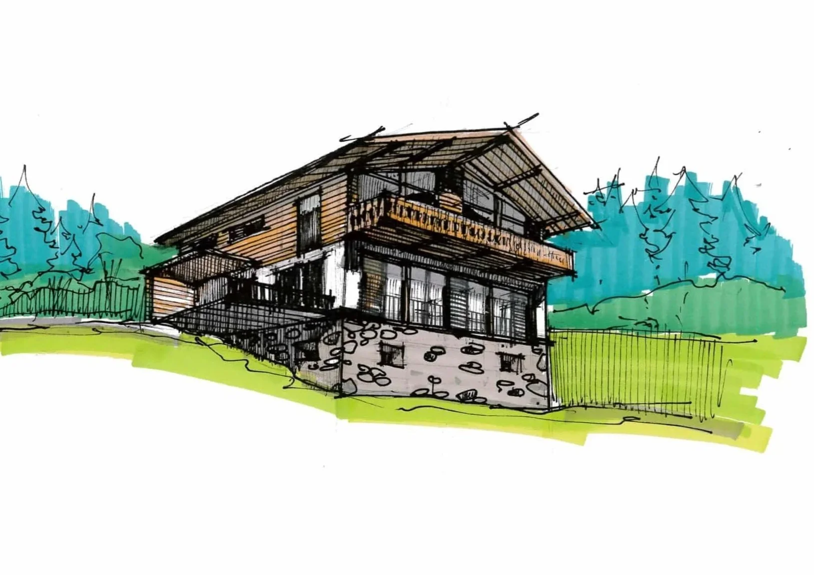 Skizze eines zweistöckigen Hauses mit Dachterrasse, Holzfassade und Steinfundament, umgeben von Grünflächen und Bäumen im Hintergrund.