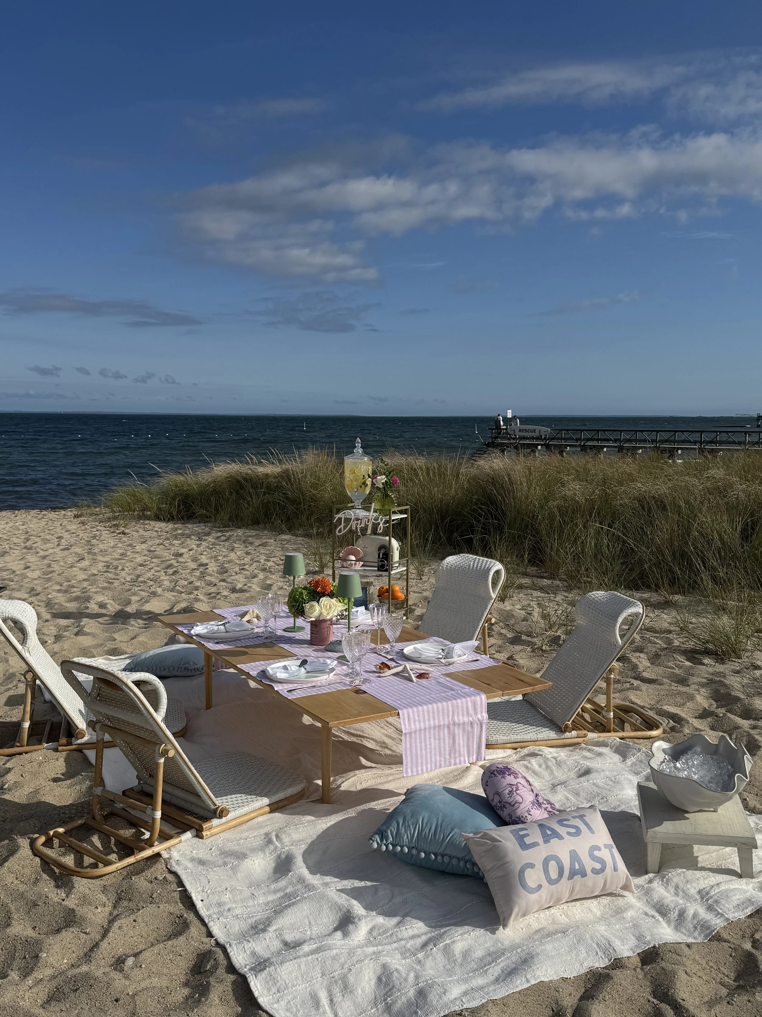 Newport RI bachelorette picnic with pink décor and custom signage