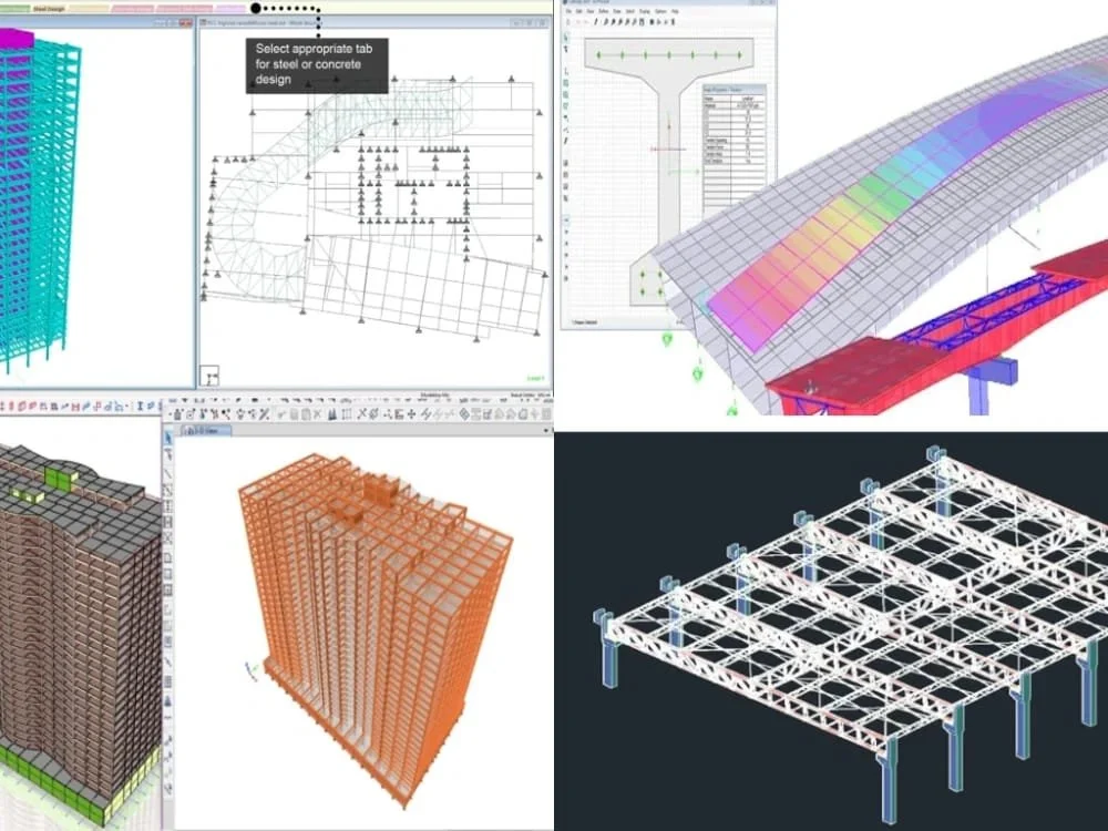 3D structural engineering models and diagrams illustrating buildings and bridges with software interface.