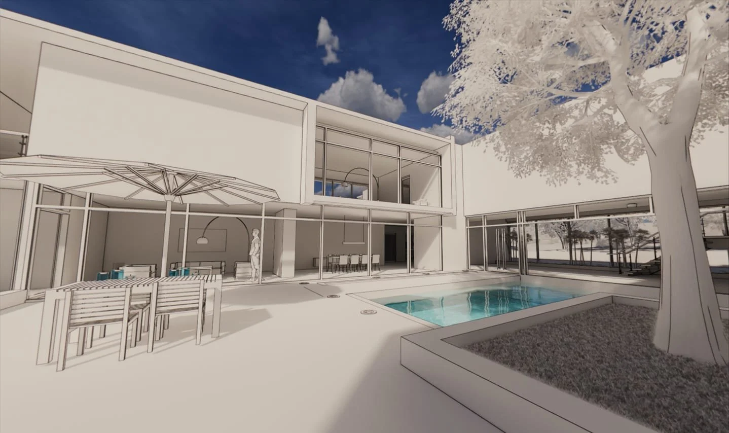 Architectural rendering of a modern house exterior with large windows, a patio area with chairs and an umbrella, a swimming pool, and a tree.