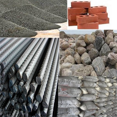 Construction materials including cement bags, bricks, rebar, gravel, and rocks.