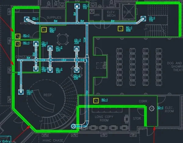 Blueprint floor plan with HVAC layout and ductwork labeled in green and blue lines, showing pathways and connections. Includes sections marked as "RECPT," "CORR," and various rooms.