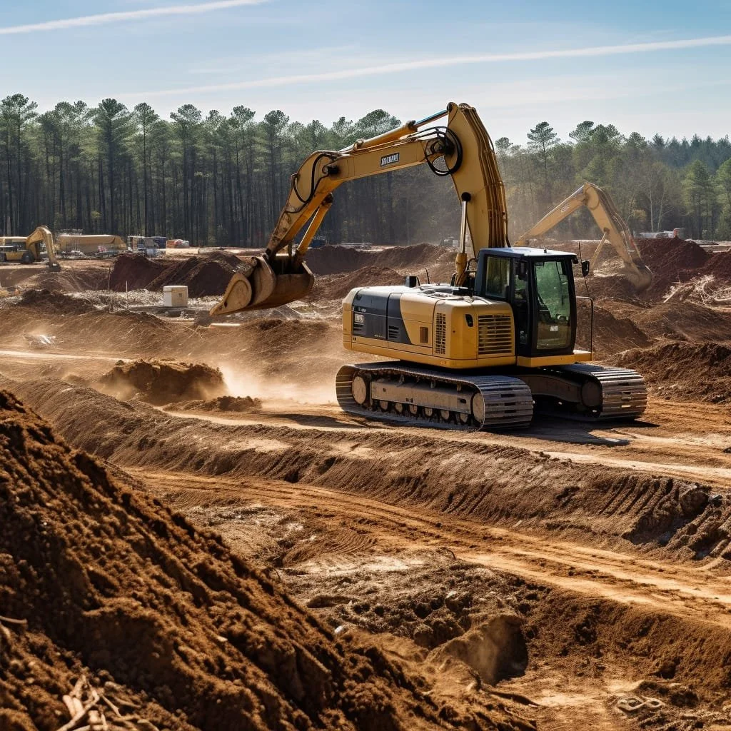 A construction site with a large yellow excavator digging in a dirt field, surrounded by piles of earth and trees in the background.