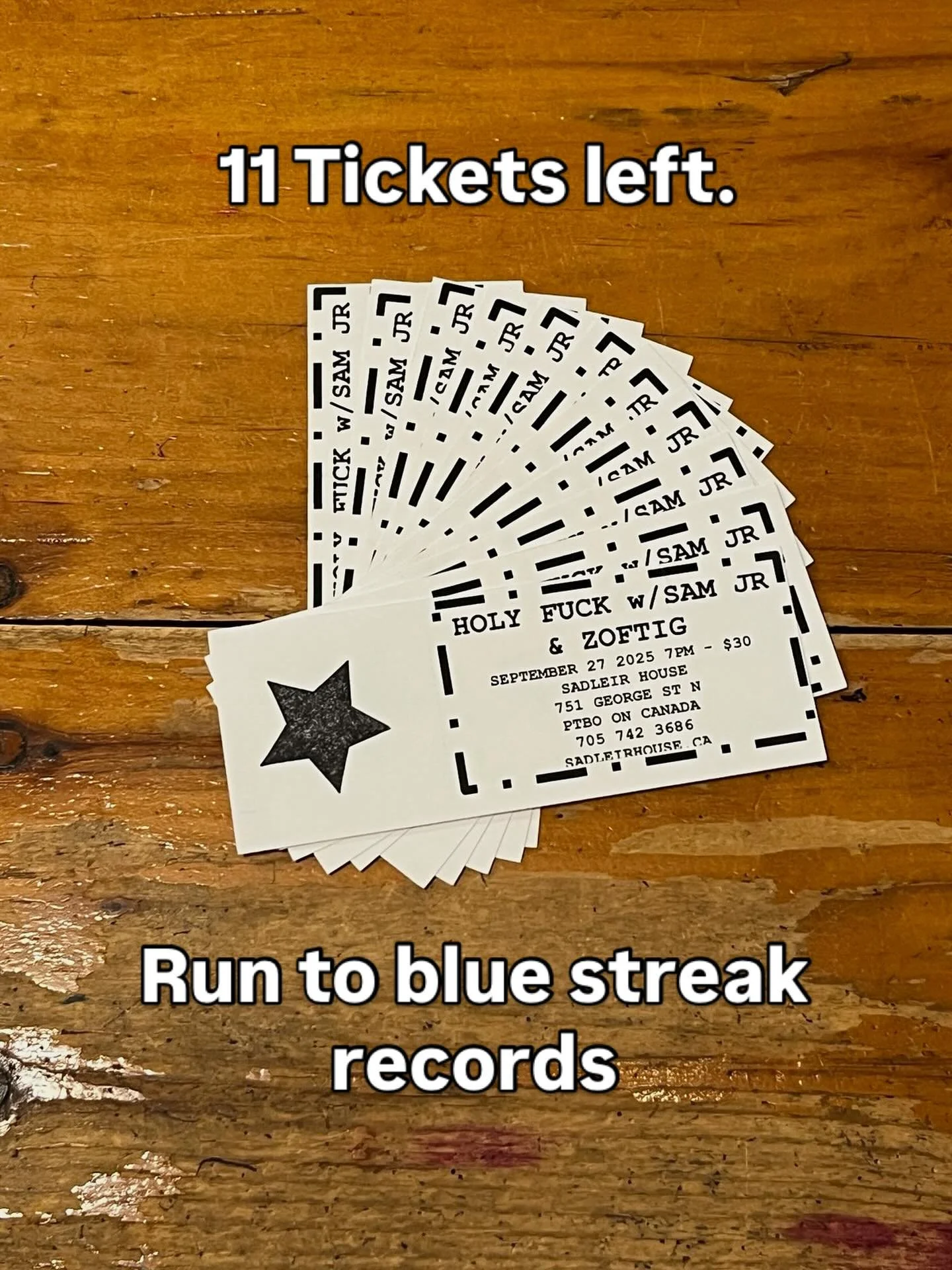 Less than a dozen of these tickets left at bluestreak records in downtown Peterborough. It&rsquo;s gonna be a barn burner get there quick.