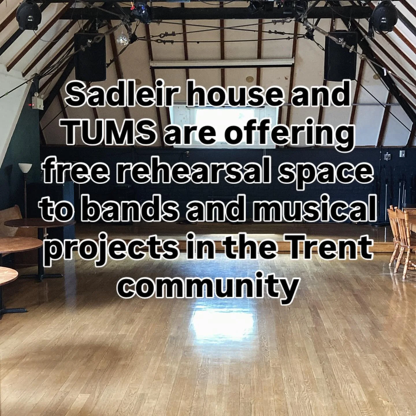 Sadleir House and TUMS are offering free rehearsal space to bands and musical projects from the undergraduate and graduate student communities at Trent. Sundays from 10 to 6. Two hour slots, full back line, including guitar amps, bass amps and drums 