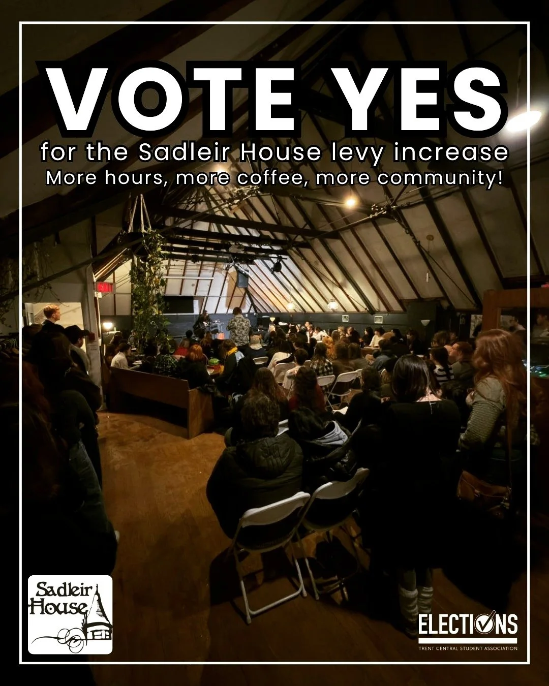 Voting in the TCSA election is open!

Sadleir House is on the undergraduate ballot as we look to increase our levy fee to expand our operations and hours- and we need your vote!

Check your Trent emails from the TCSA and vote YES for Sadleir House&rs