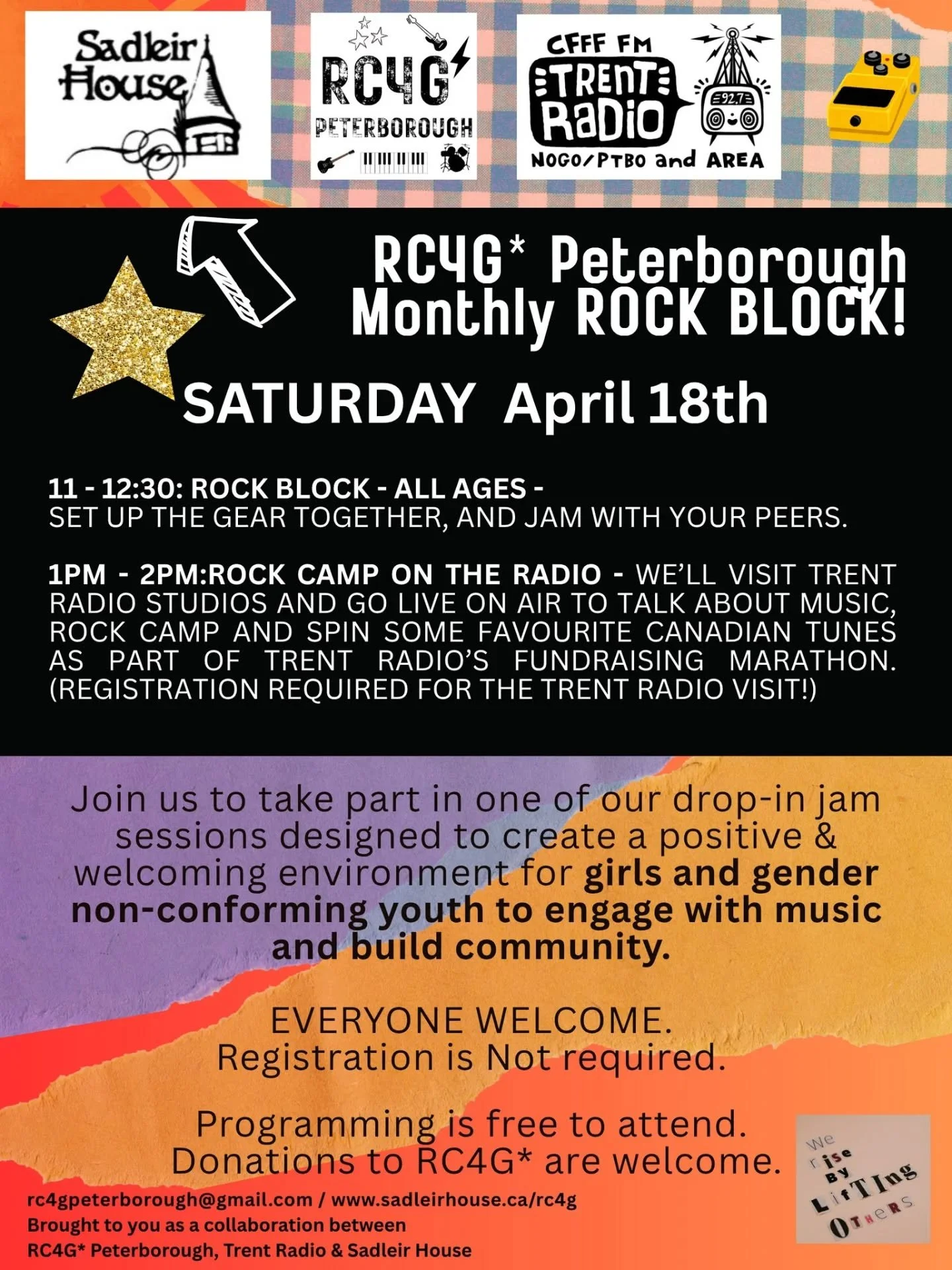 Next Rock Block will take place on April 18th (not the first Saturday of the month) - AND it'll be a bit different than usual: after we all learn about setting up gear, and jamming together (mixed levels) we'll be making a trip down to Trent Radio st