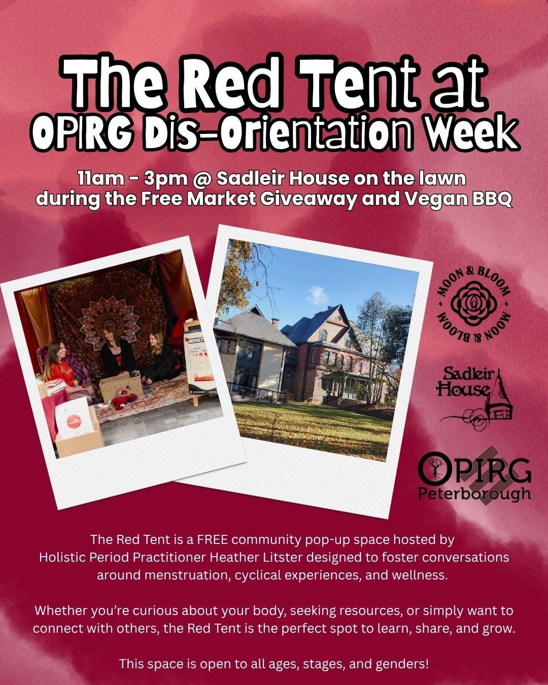 The Red Tent at OPIRG Dis-Orientation Week

11am - 3pm @ Sadleir House on the lawn during the Free Market Giveaway and Vegan BBQ

The Red Tent is a FREE community pop-up space hosted by 
Holistic Period Practitioner Heather Litster designed to foster