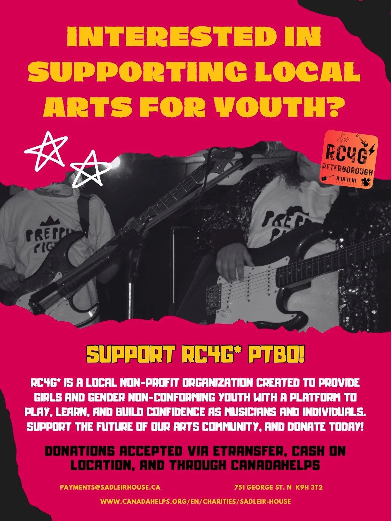 Happy Friday party people!

Interested in supporting local arts for youth? 

Rock Camp 4 Girls (RC4G) Peterborough is a local non-profit organization created to provide girls and gender non-conforming youth with a platform to play, learn, and build c