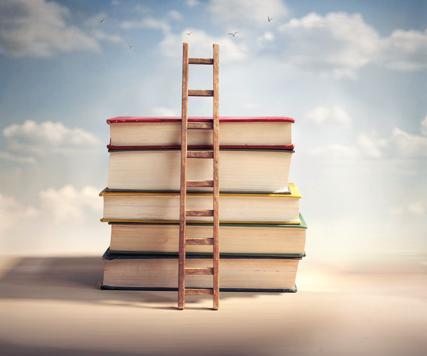 Ein Stapel bunter Bücher mit einer kleinen Leiter davor, die über die Bücher hinaus führt, im Hintergrund Himmel mit Sonnenschein, Wolken und Vögeln.