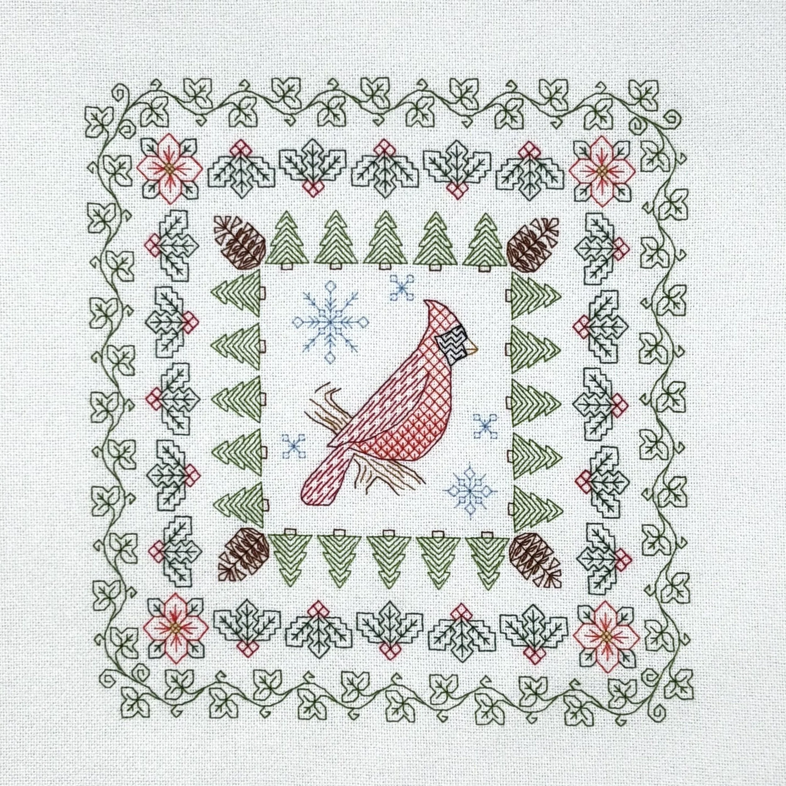 Winter Cardinal Blackwork Sampler Pattern
