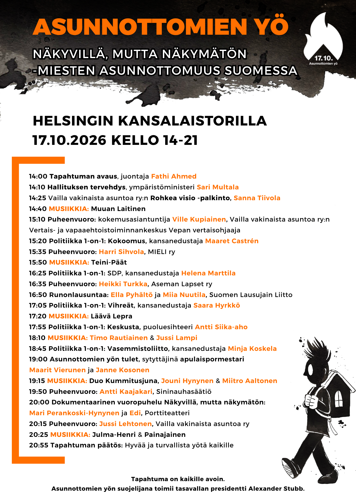 Asunnottomien yön päätapahtuman ohjelma julki: Rokkia, löylyjä ja asiaa miesten asunnottomuudesta Helsingin Kansalaistorilla 17.10.2026