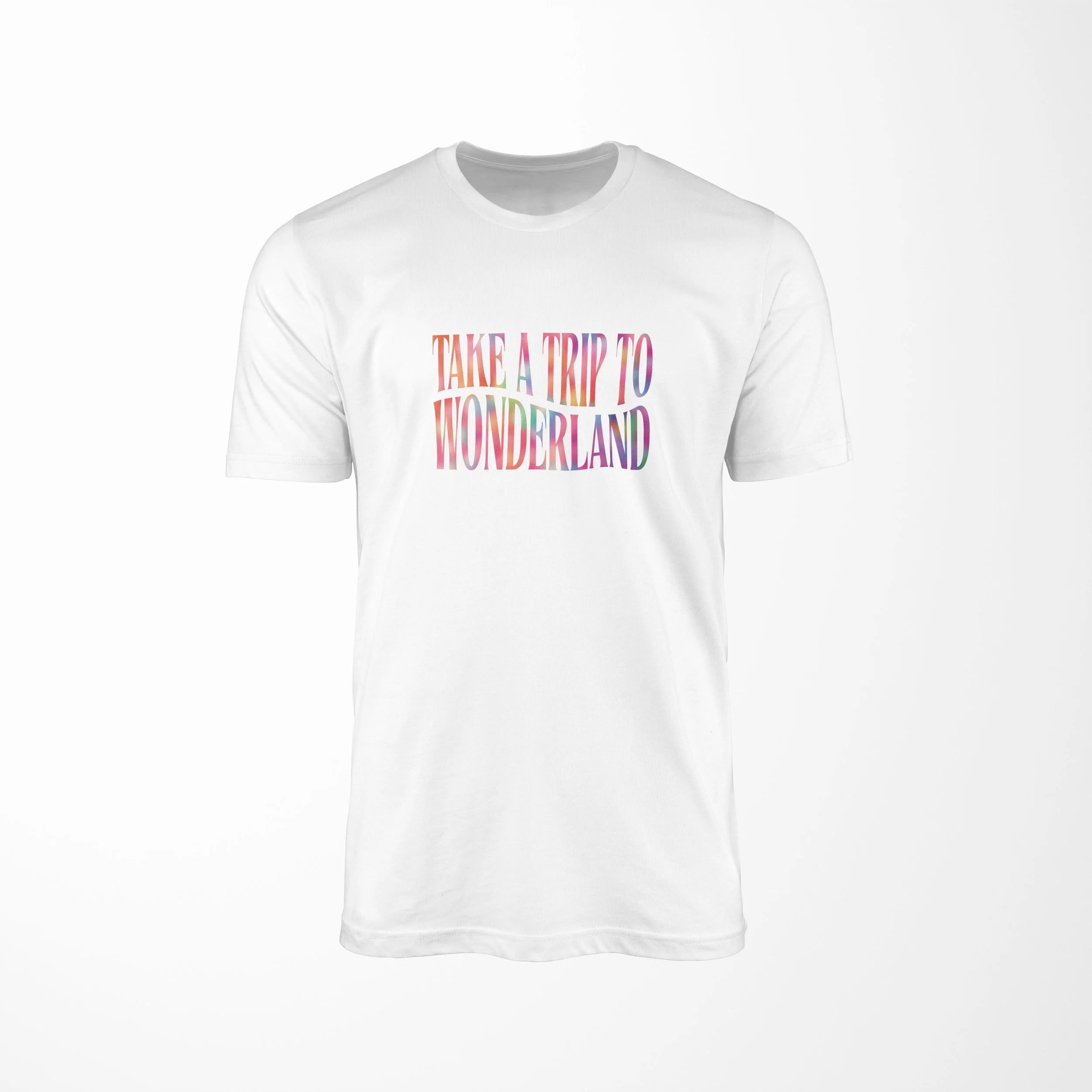 White t-shirt with rainbow “Take a trip to Wonderland” typography, part of Jack Watkins’ official Wonderland merchandise