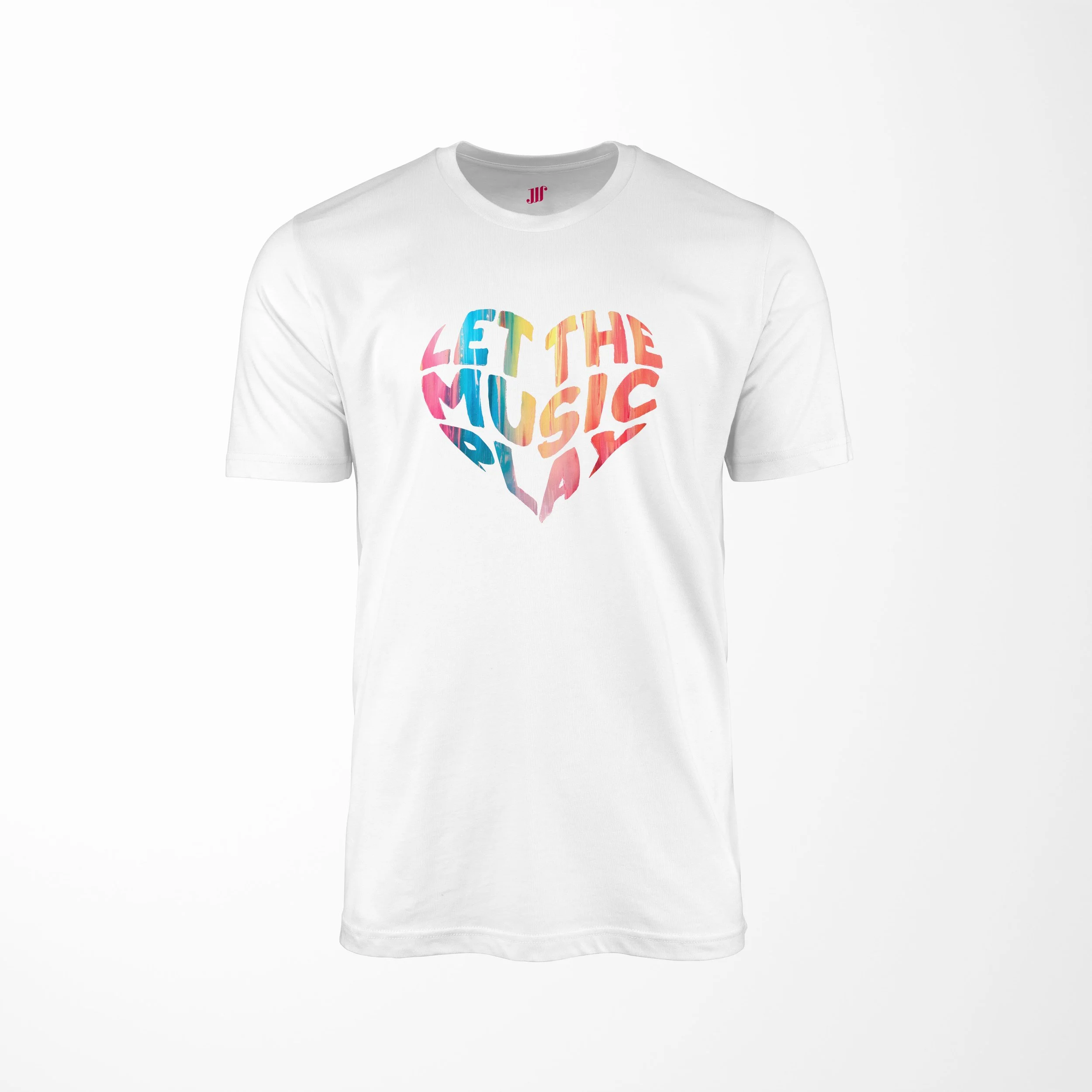White t-shirt with colourful heart-shaped “Let the music play” typography design from Jack Watkins merchandise collection