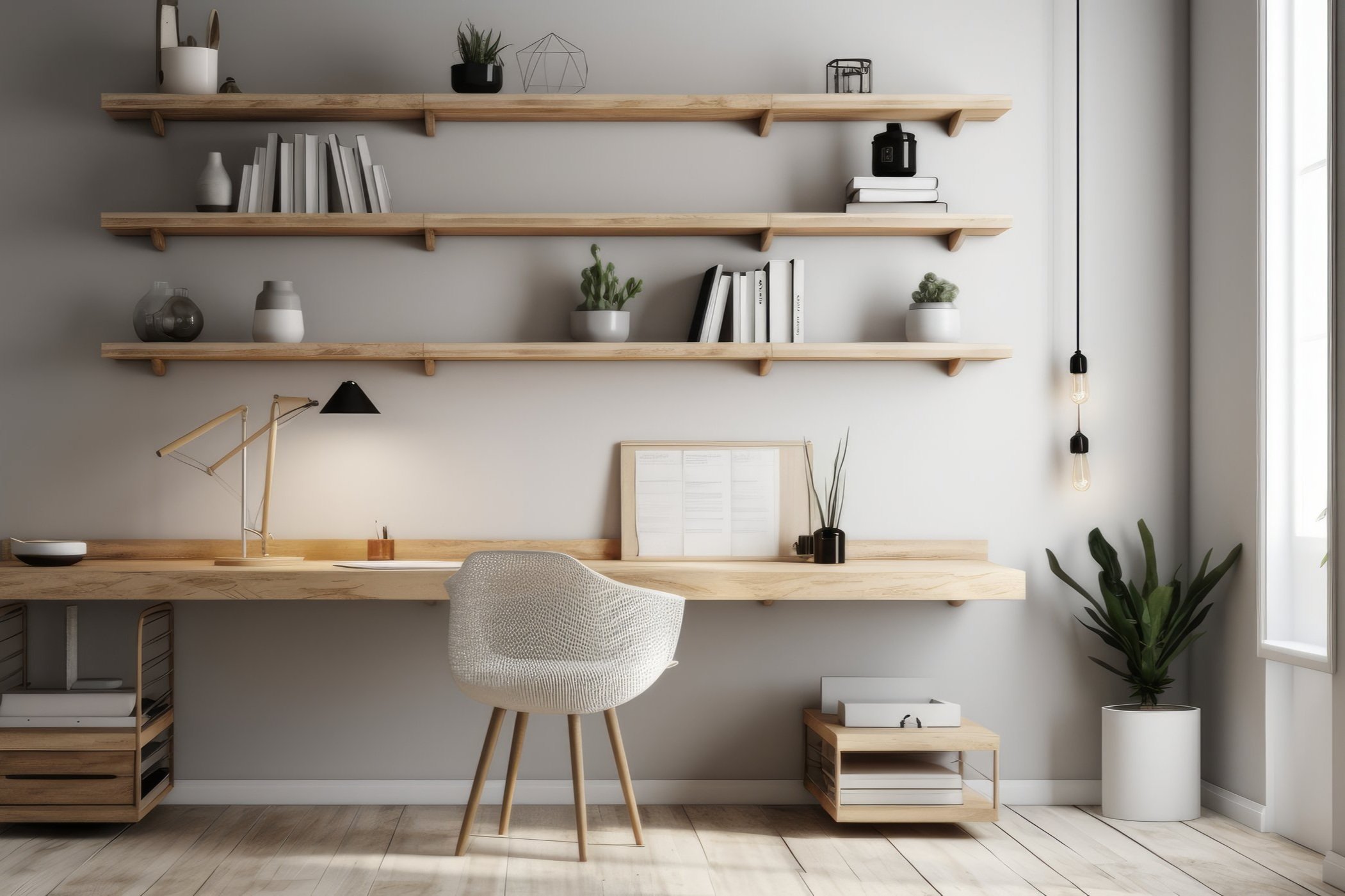 Minimalist home office with wooden desk, beige chair, floating shelves with decor items, plants, and a large window.