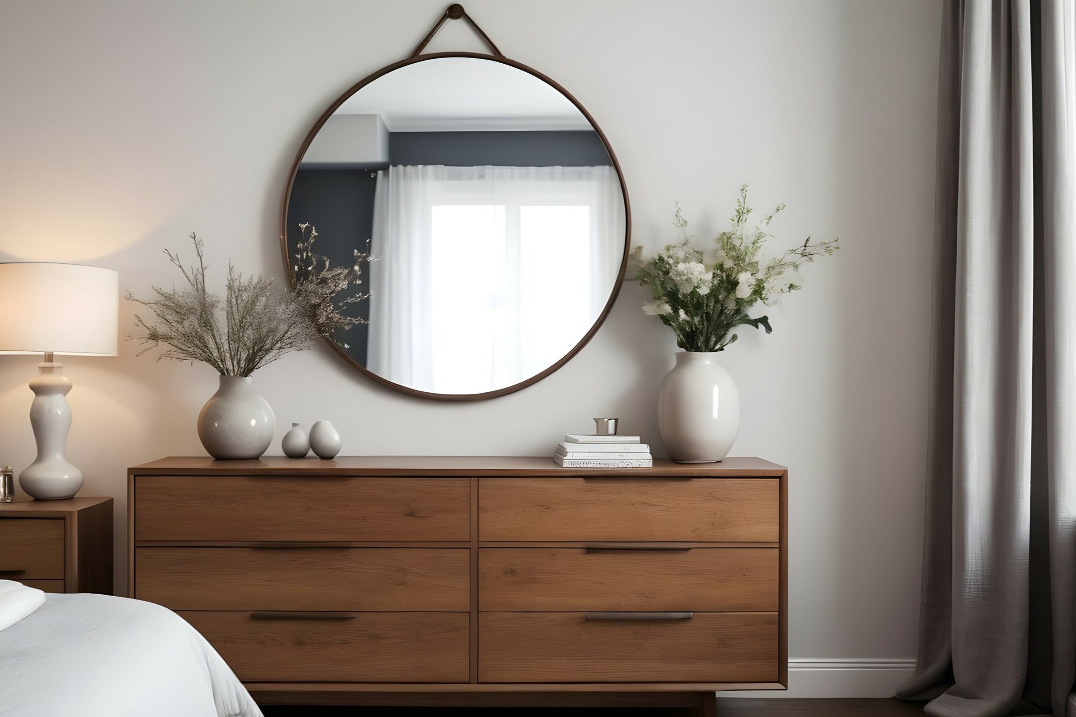 A bedroom dresser with decorative vases and a mirror reflecting a window with curtains.