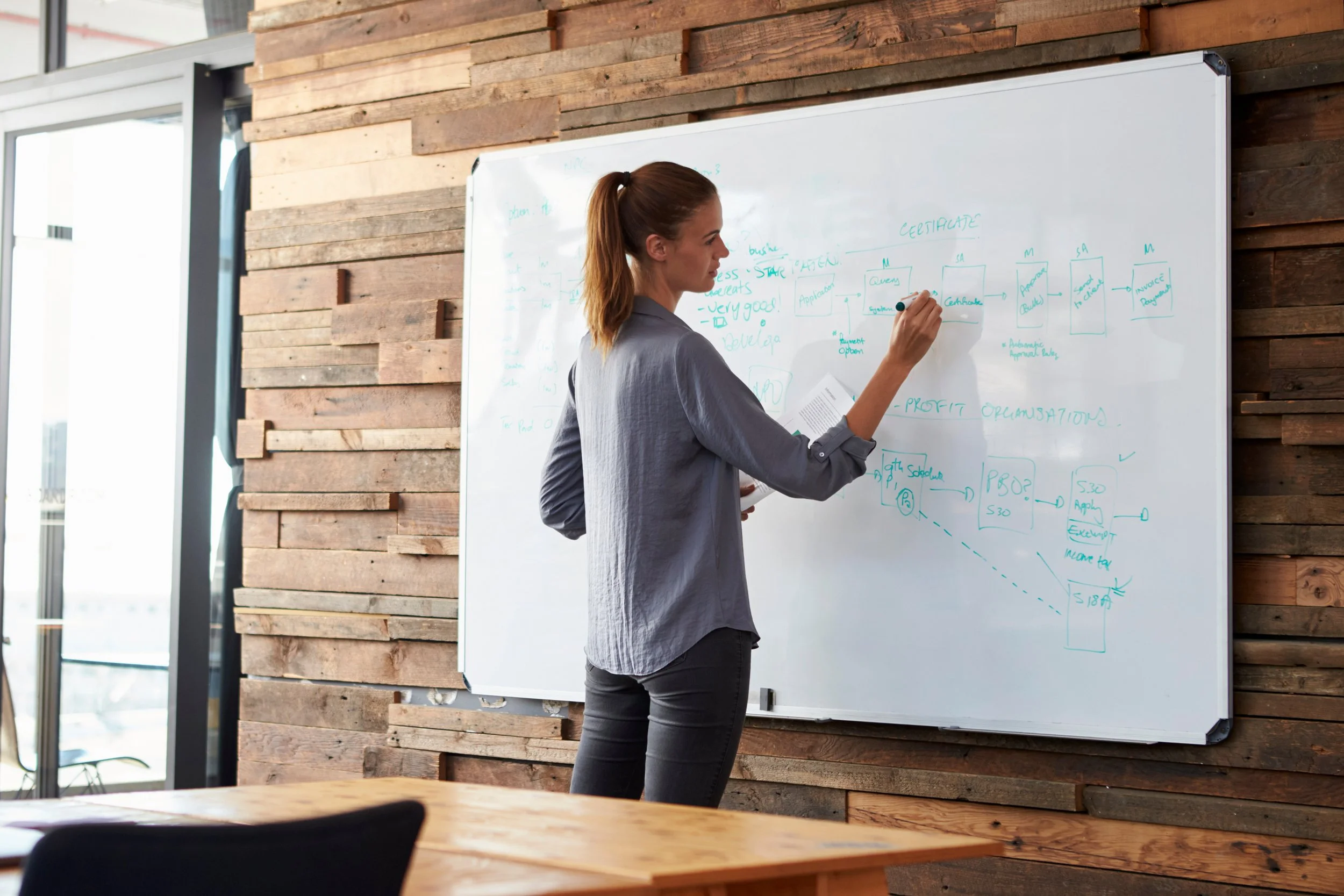 Woman writing on a large whiteboard in a modern office with a wooden wall, with a conference table and chair in the foreground