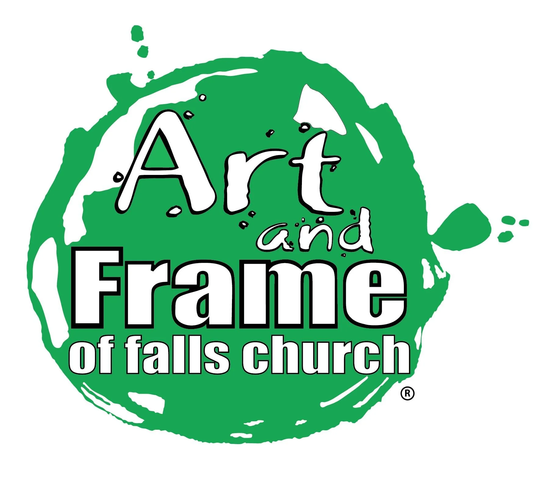 Logo with a green paint splash background and black and white text that reads "Art and Frame of Falls Church".