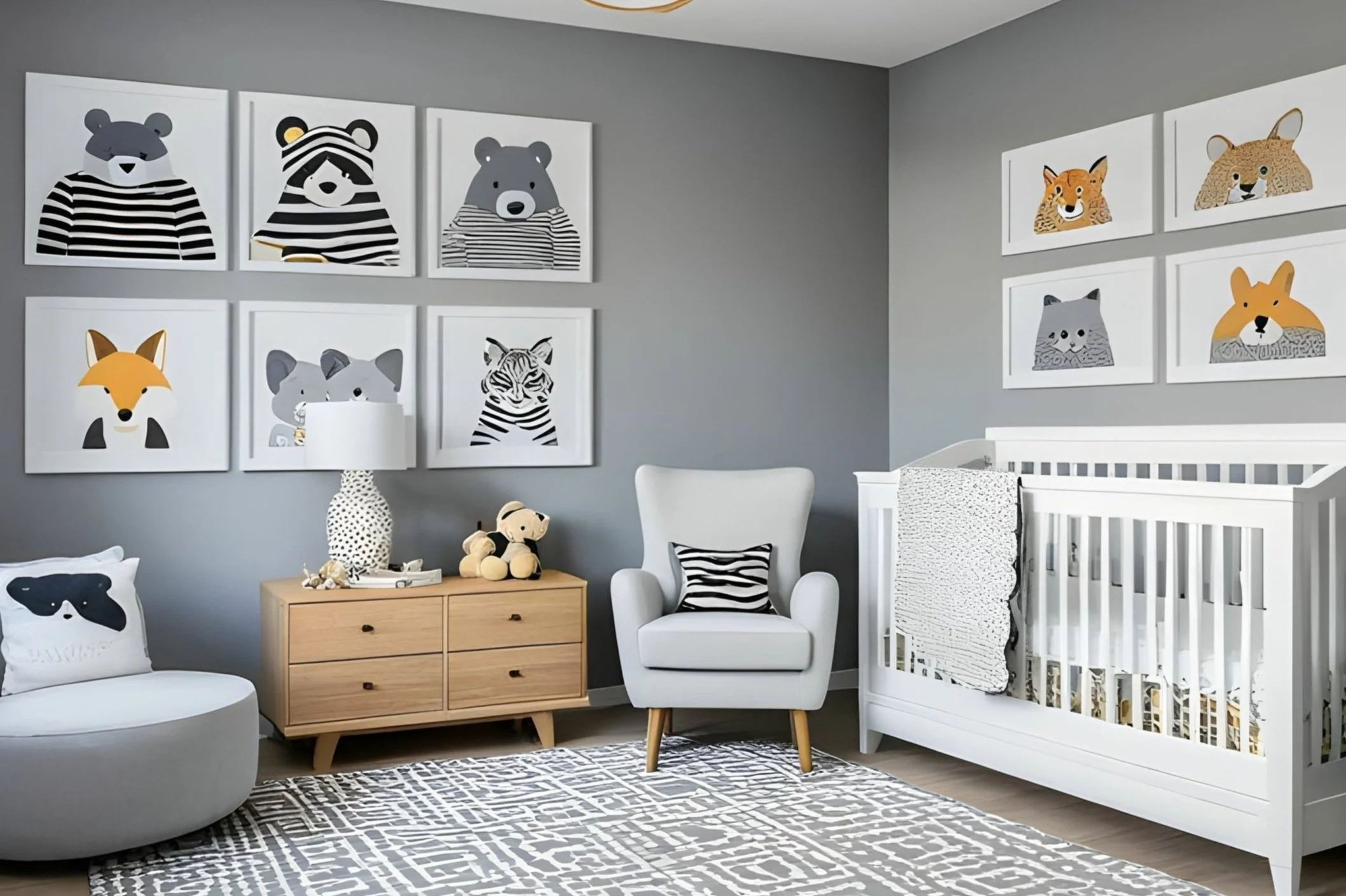Nursery with gray wall decorated with ten pieces of framed animal artwork in grid groups above white crib, gray armchair, patterned rug, wooden dresser with lamp and plush toys.