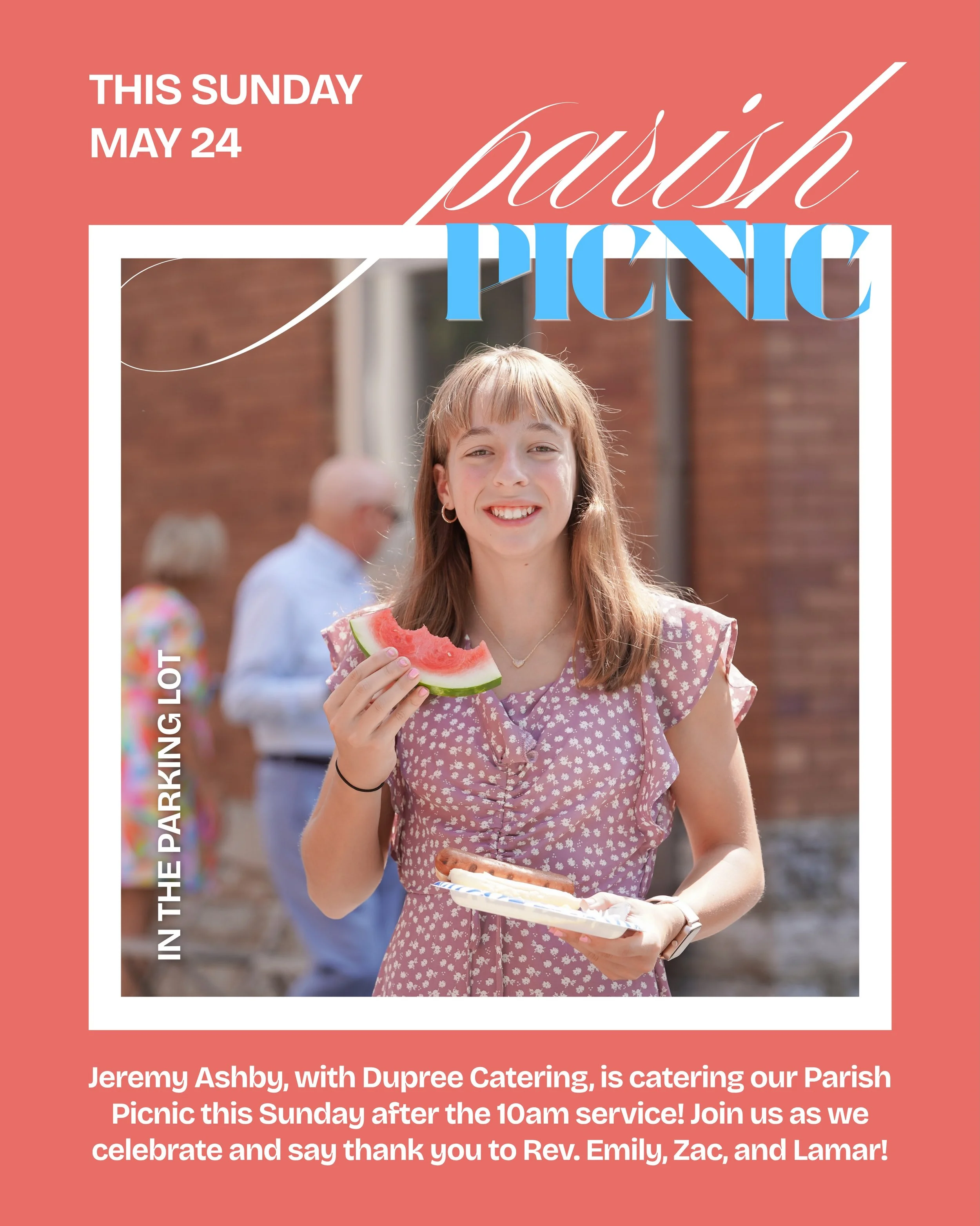 Join us this Sunday after the 10am for our Parish Picnic! Jeremy Ashby, with Dupree Catering, will be catering our food 😋 and we&rsquo;ll celebrate and say thank you to Rev. Emily, Zac, and Lamar!