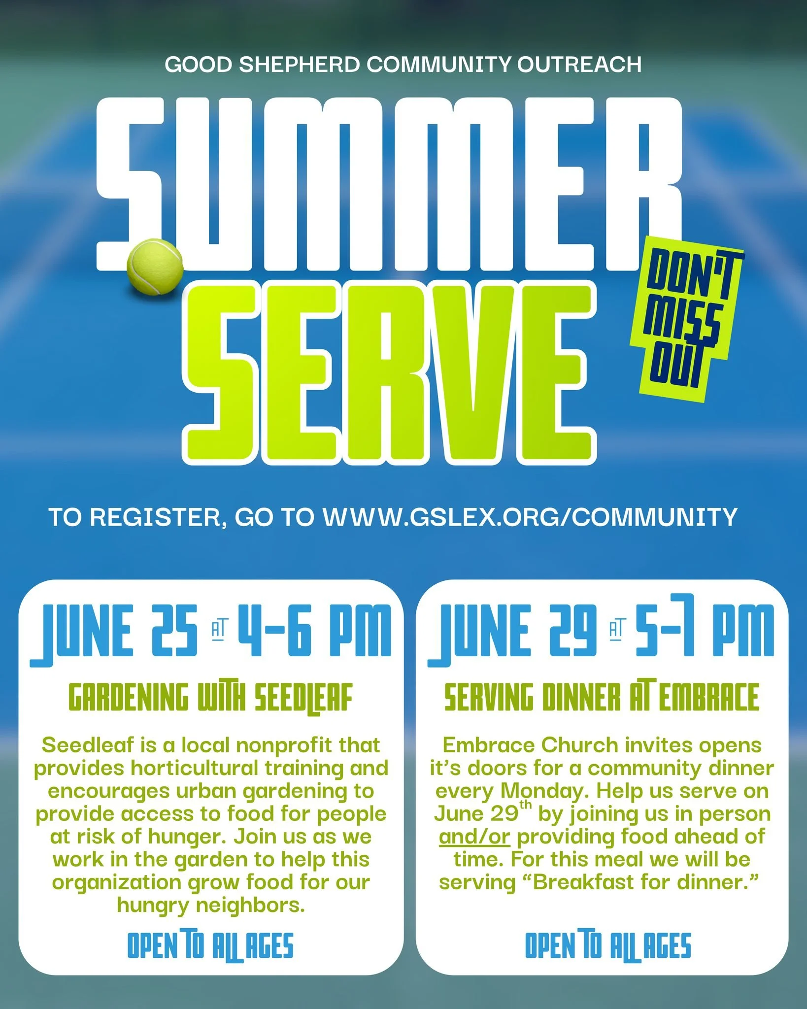Serve with us in our community this summer! There is something for everyone&mdash;whether you want to prepare food ahead of time, provide lunch for workers, or work on-site with us at a few of our partners&mdash;your time and talents are valued. To r
