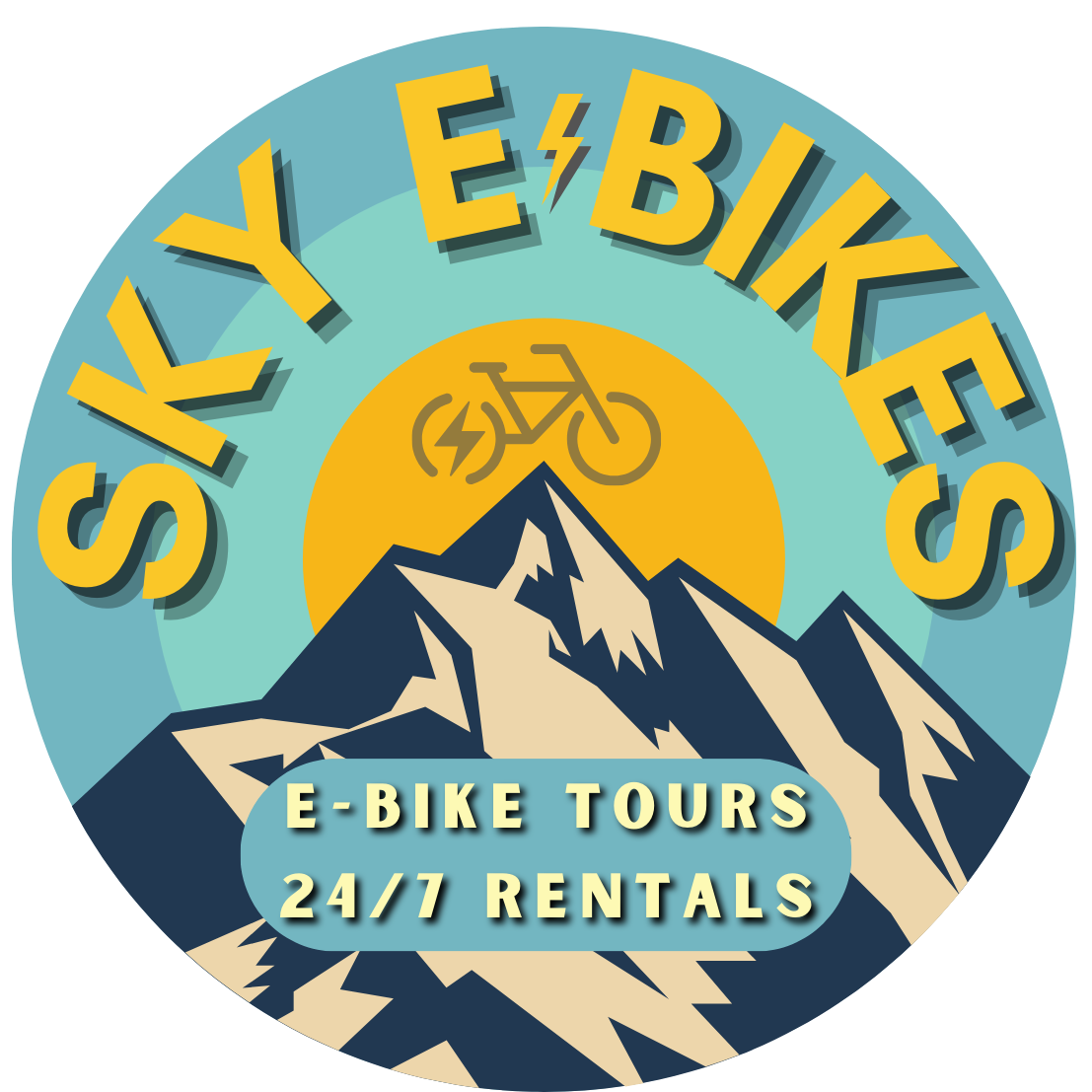 Logo for Sky E Bikes featuring mountains, a sun, and a bicycle with a lightning bolt and wheel icon, advertising e-bike tours and 24/7 rentals.