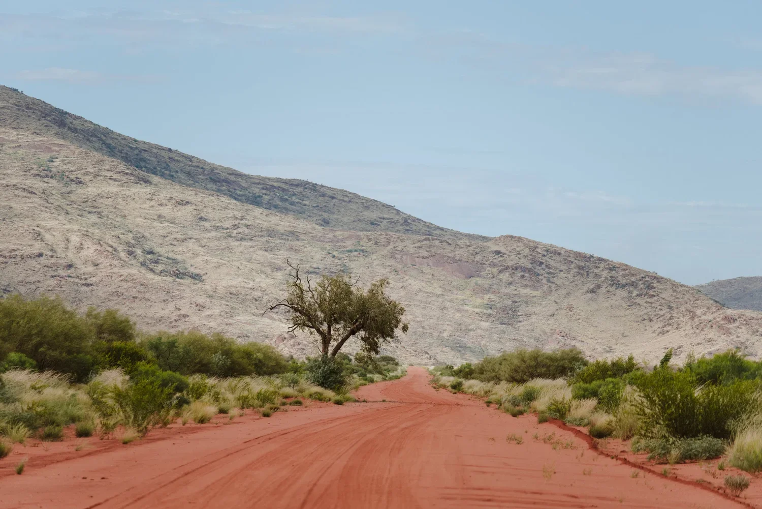 Une route de terre rouge traversant un désert avec des buissons verts et un arbre solitaire, entouré par des collines ou montagnes sèches sous un ciel partiellement nuageux.