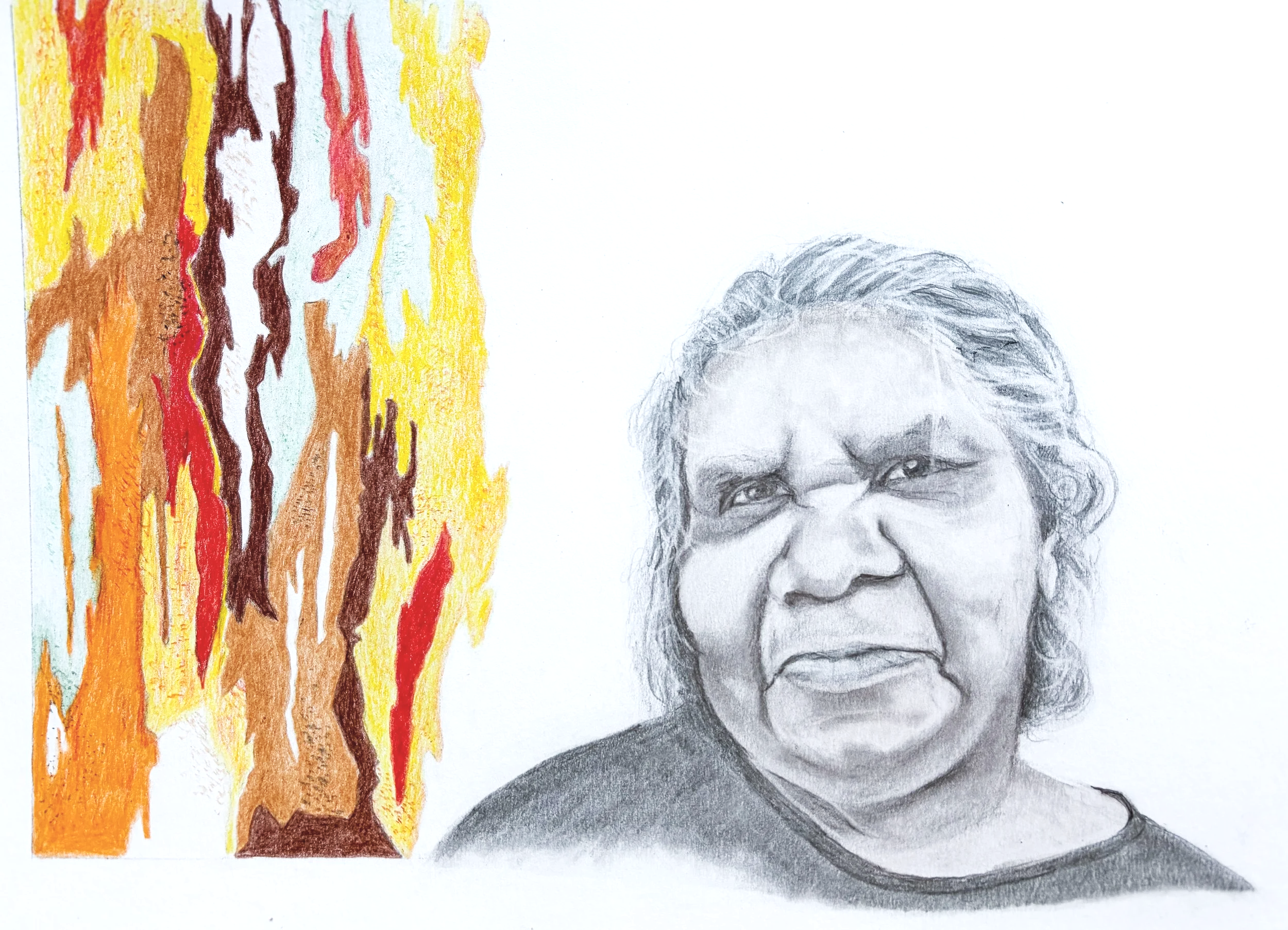 Dessin à gauche avec des coulures de couleurs chaudes (jaune, orange, rouge, marron). Sur la droite, portrait réaliste d'une femme âgée grisée.