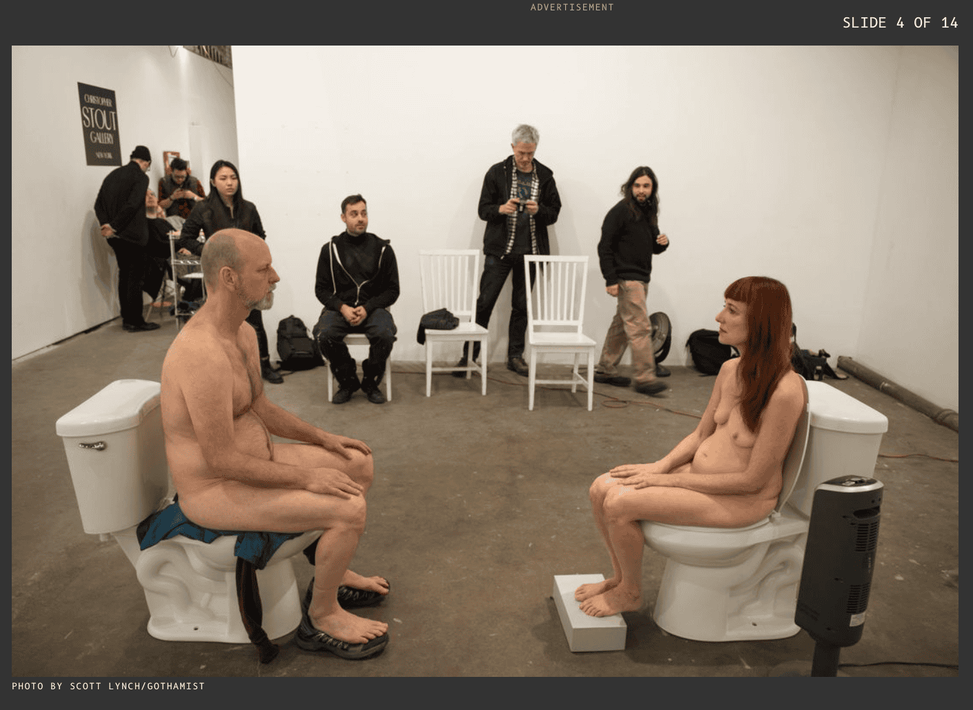 Lisa sits on a toilet naked as a parody of Marina Abramovic