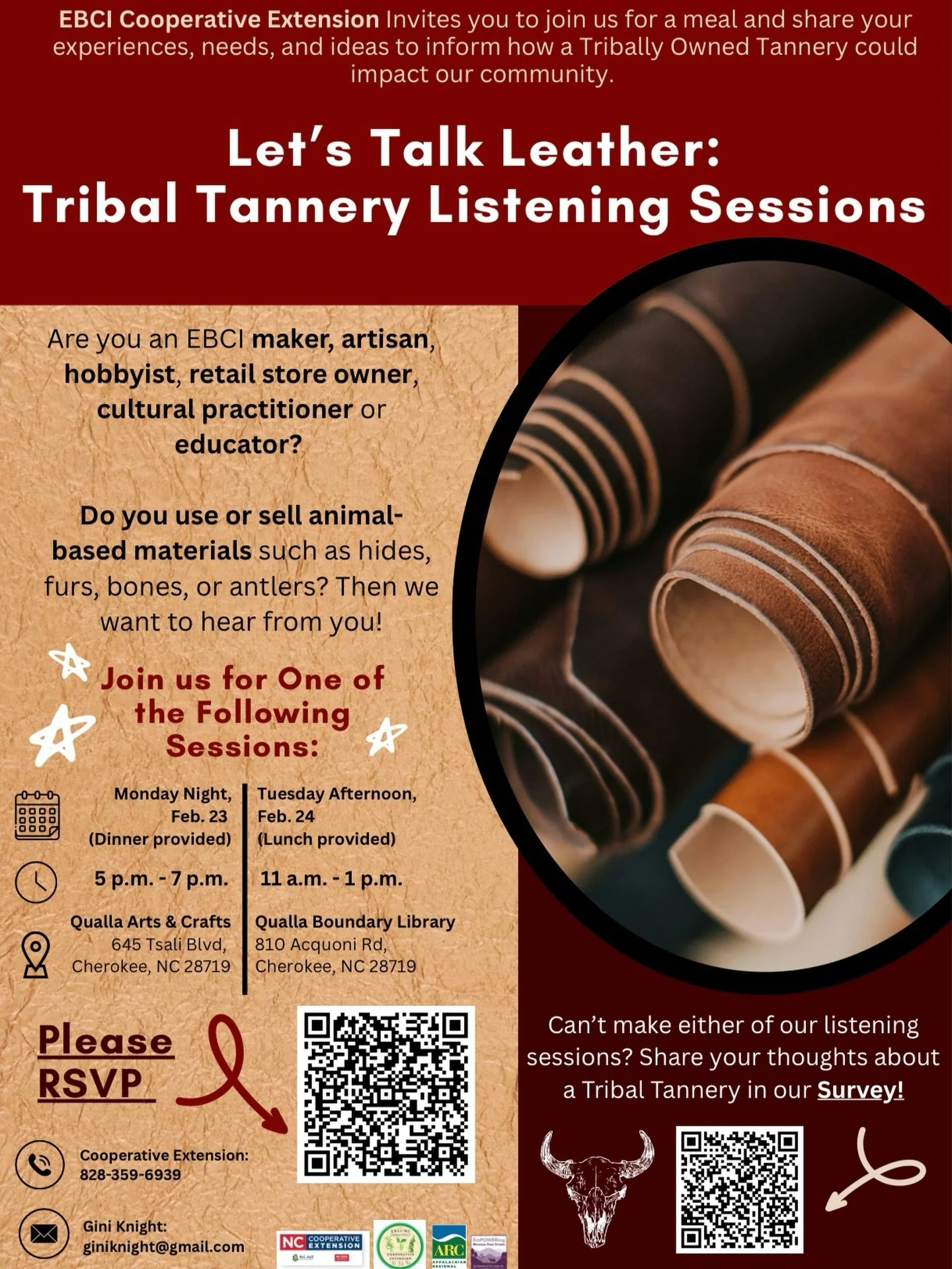 EBCI makers and artisans, we want to hear from you. Join one of our Tribal Tannery Listening Sessions to share your ideas about what a tribally owned tannery could mean for our community. Dinner or lunch provided. RSVP today!